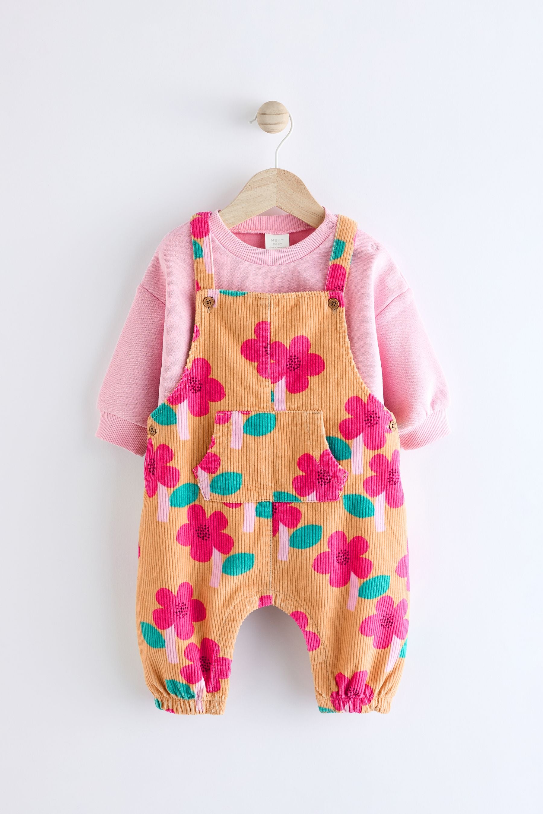 Ochre Yellow/ Pink Floral Baby Corduroy Dungarees & Long Sleeve Bodysuit Set (0mths-2yrs)