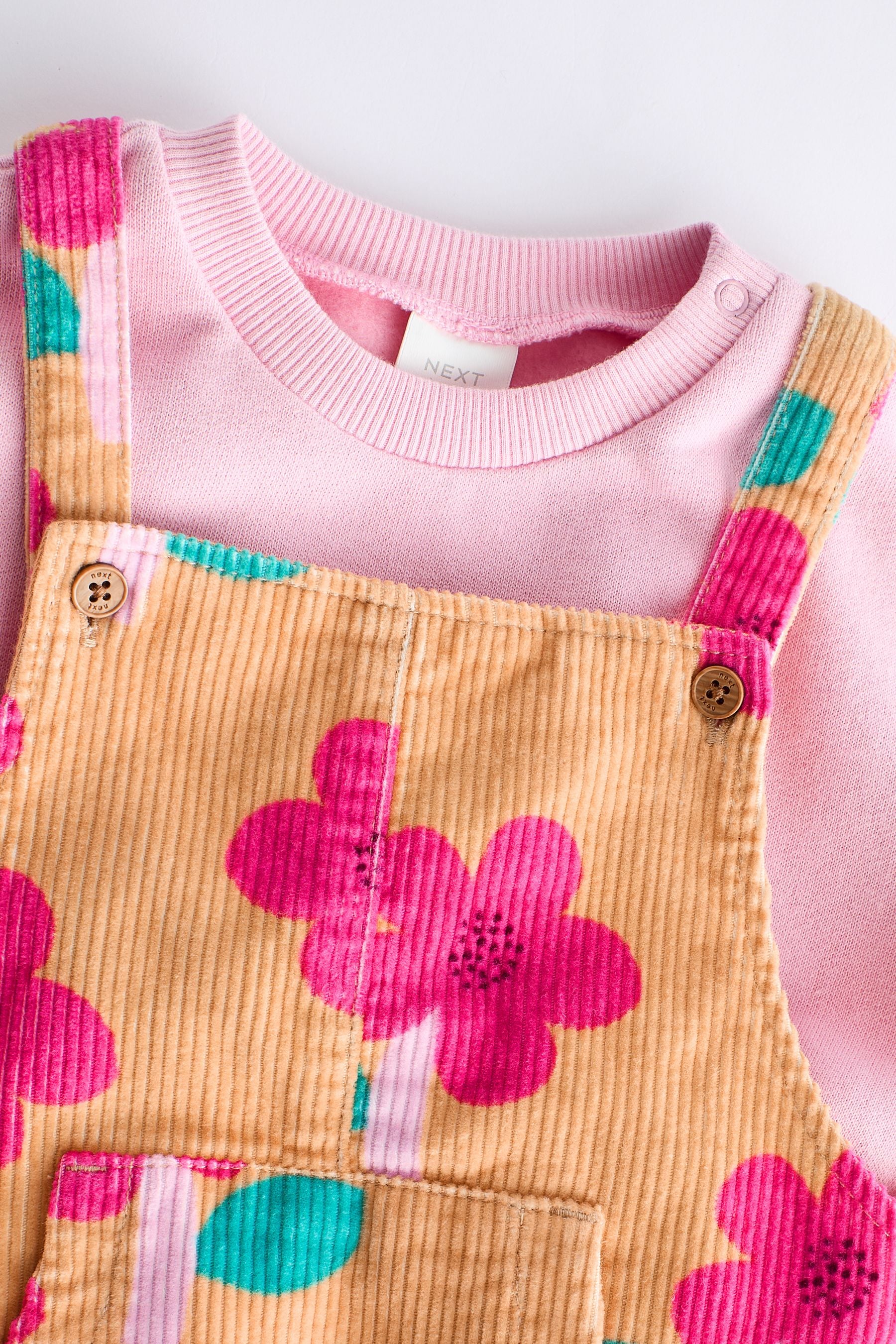 Ochre Yellow/ Pink Floral Baby Corduroy Dungarees & Long Sleeve Bodysuit Set (0mths-2yrs)