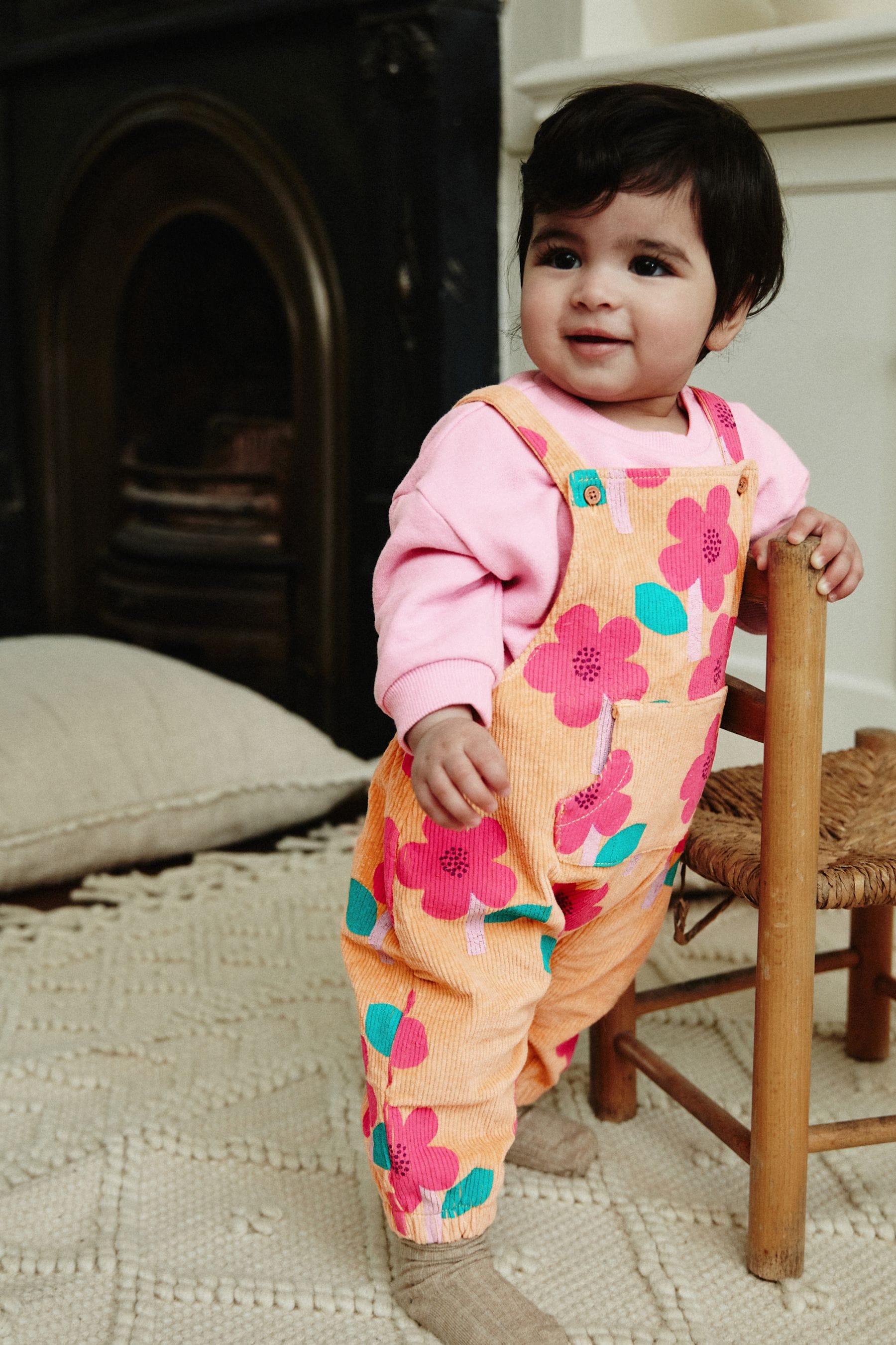 Ochre Yellow/ Pink Floral Baby Corduroy Dungarees & Long Sleeve Bodysuit Set (0mths-2yrs)