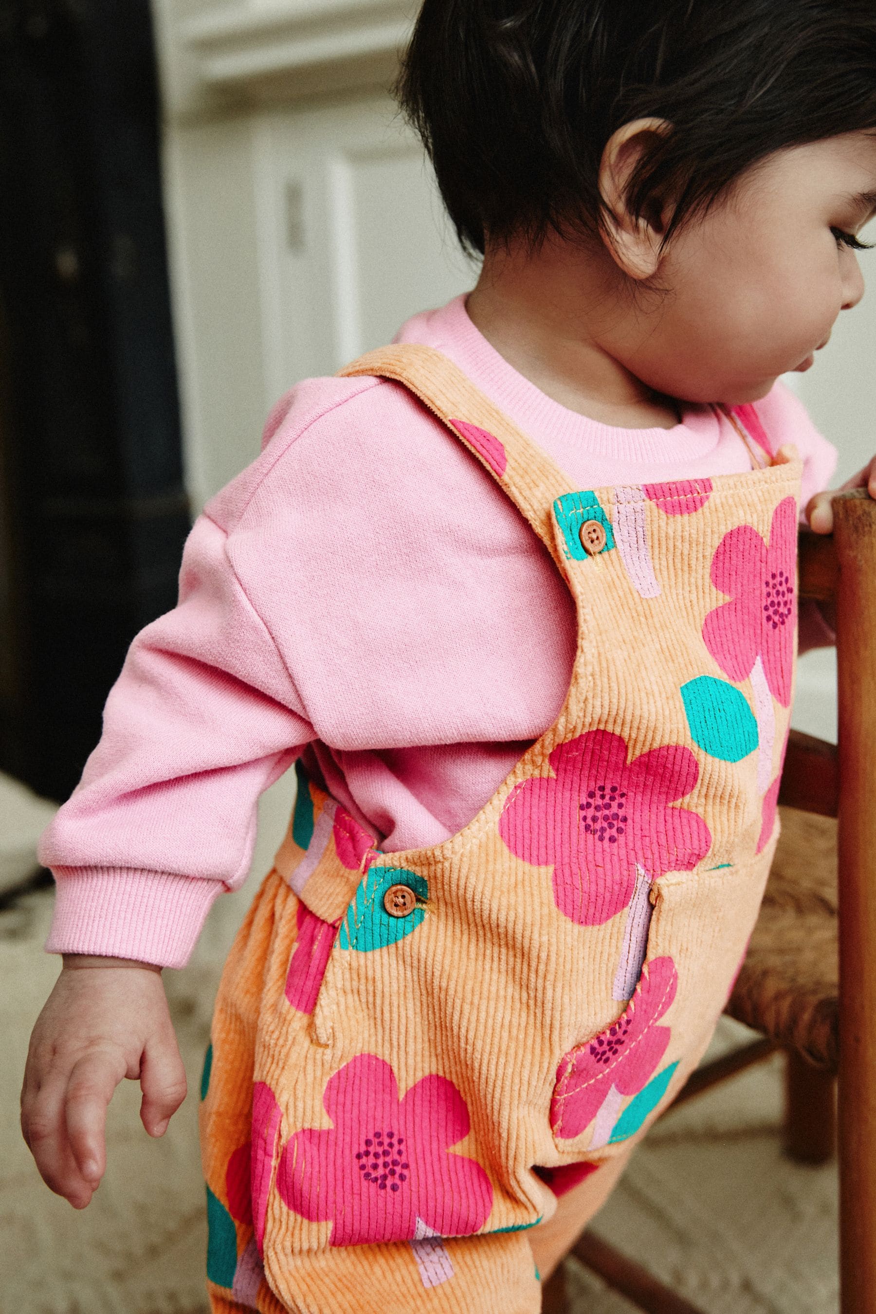 Ochre Yellow/ Pink Floral Baby Corduroy Dungarees & Long Sleeve Bodysuit Set (0mths-2yrs)