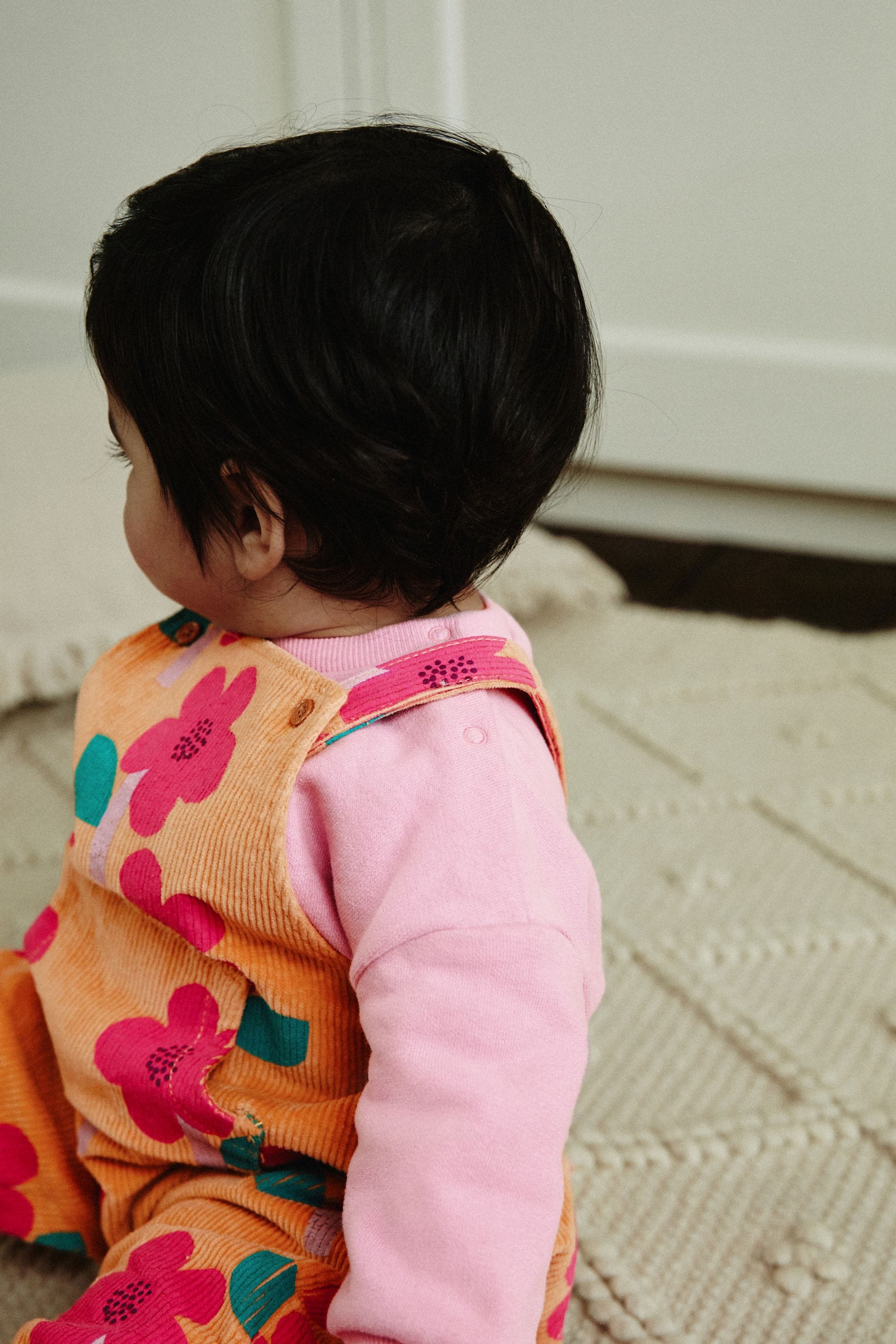 Ochre Yellow/ Pink Floral Baby Corduroy Dungarees & Long Sleeve Bodysuit Set (0mths-2yrs)