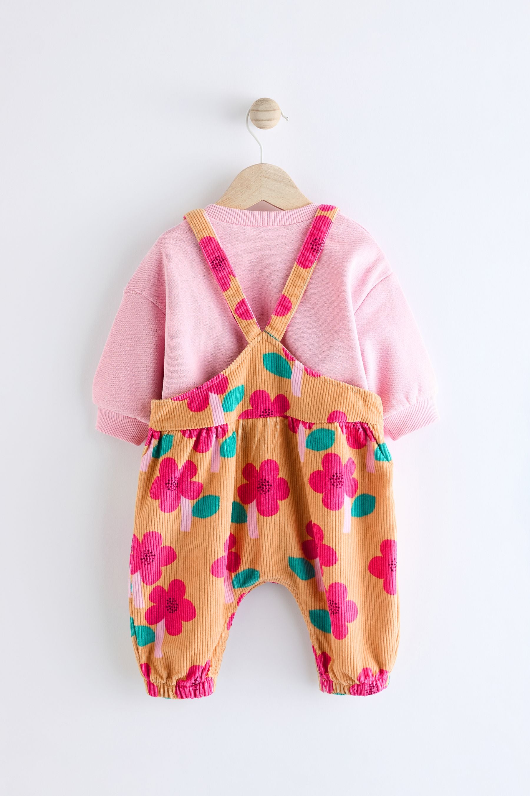 Ochre Yellow/ Pink Floral Baby Corduroy Dungarees & Long Sleeve Bodysuit Set (0mths-2yrs)