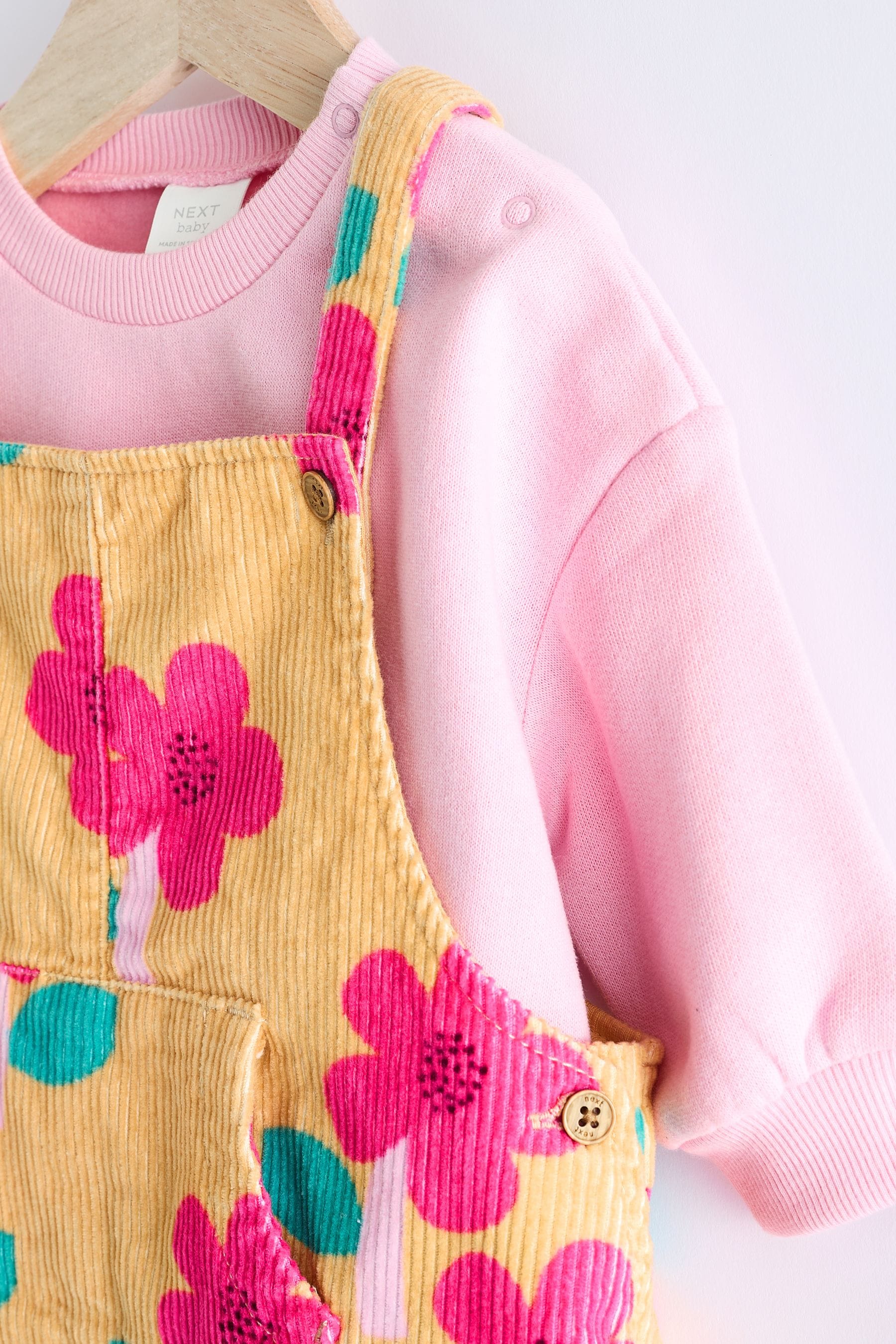 Ochre Yellow/ Pink Floral Baby Corduroy Dungarees & Long Sleeve Bodysuit Set (0mths-2yrs)