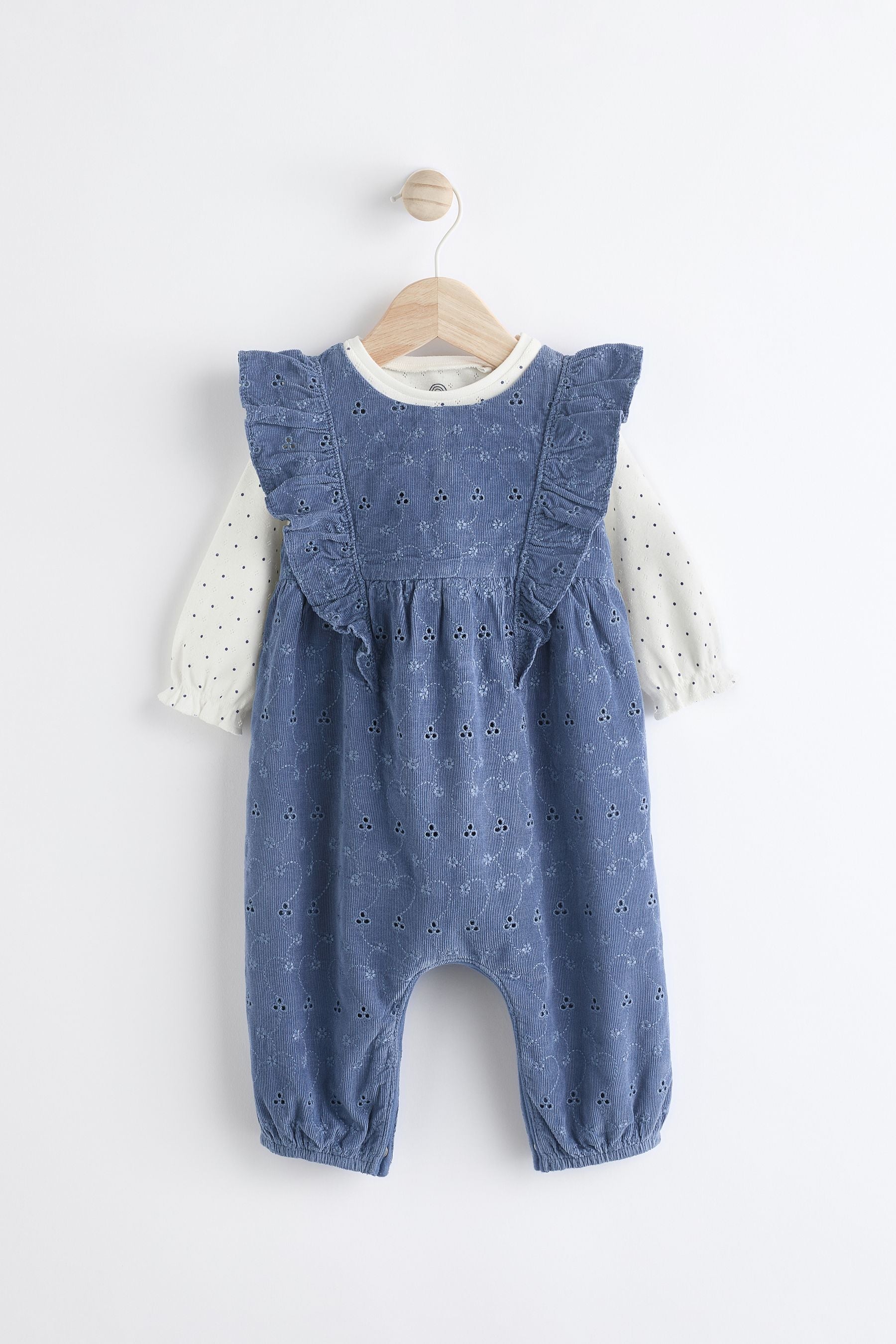 Navy Blue Broderie Baby Corduroy 100% Cotton Dungarees and Long Sleeve Bodysuit Set (0mths-2yrs)