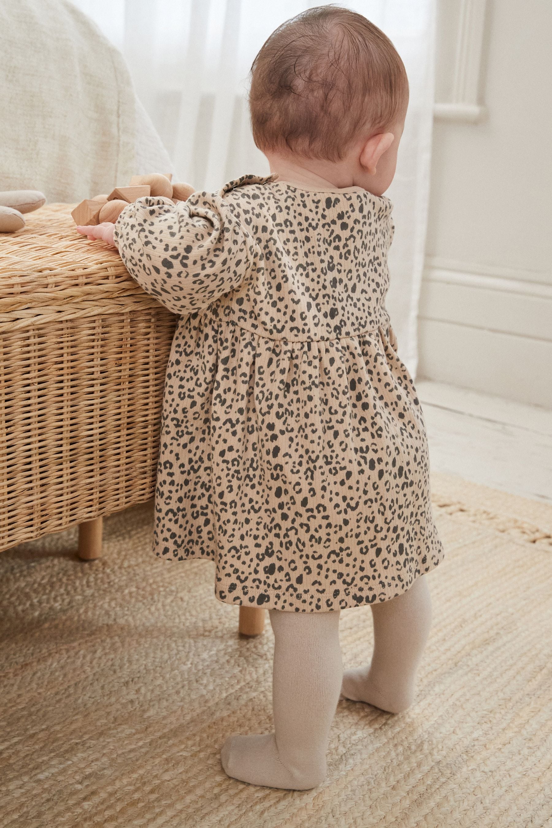 Tan Brown Leopard Print Baby Jersey Dress With Tights (0mths-2yrs)