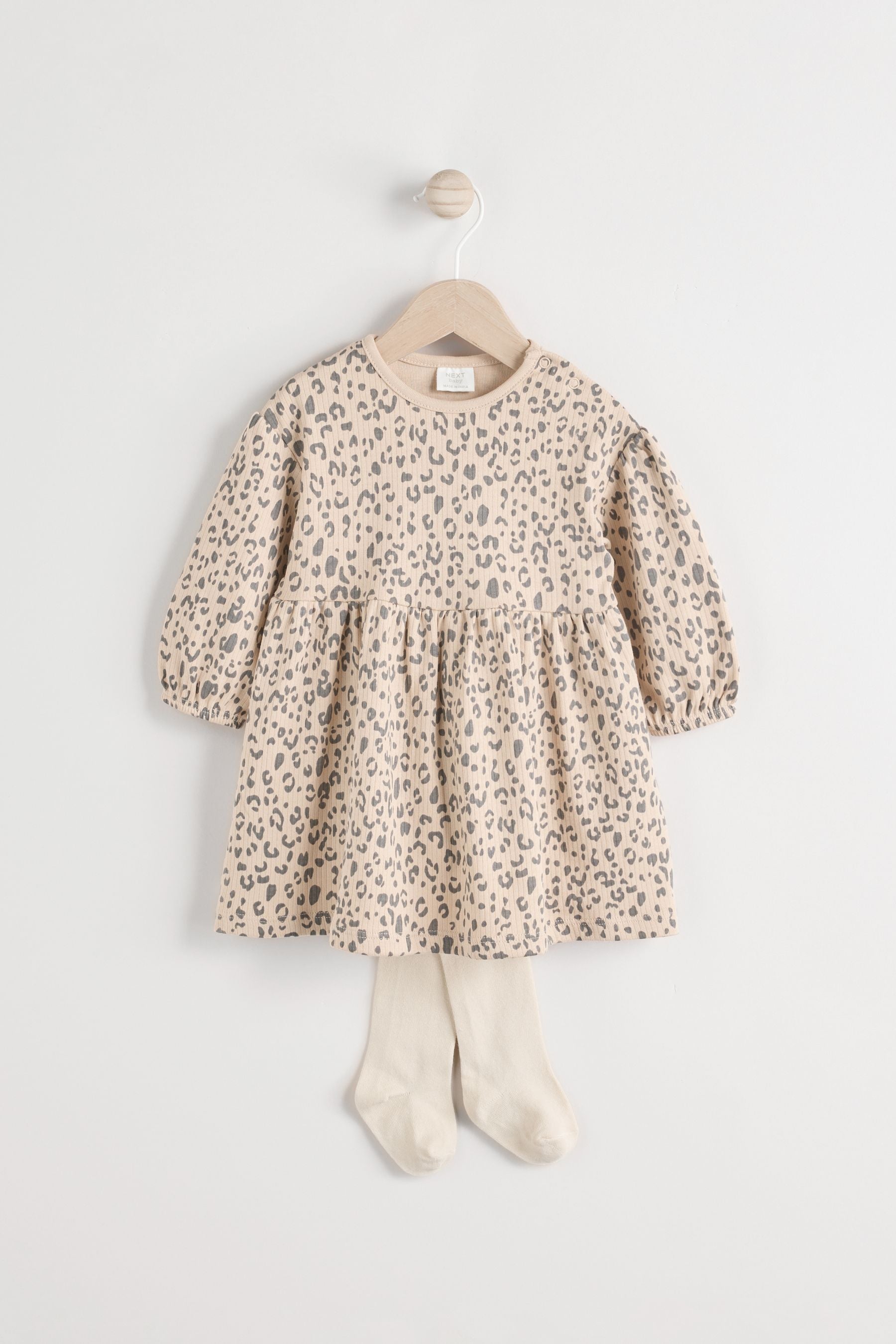 Tan Brown Leopard Print Baby Jersey Dress With Tights (0mths-2yrs)