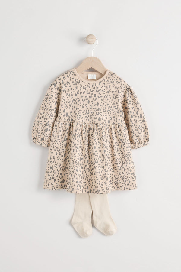 Tan Brown Leopard Print Baby Jersey Dress With Tights (0mths-2yrs)