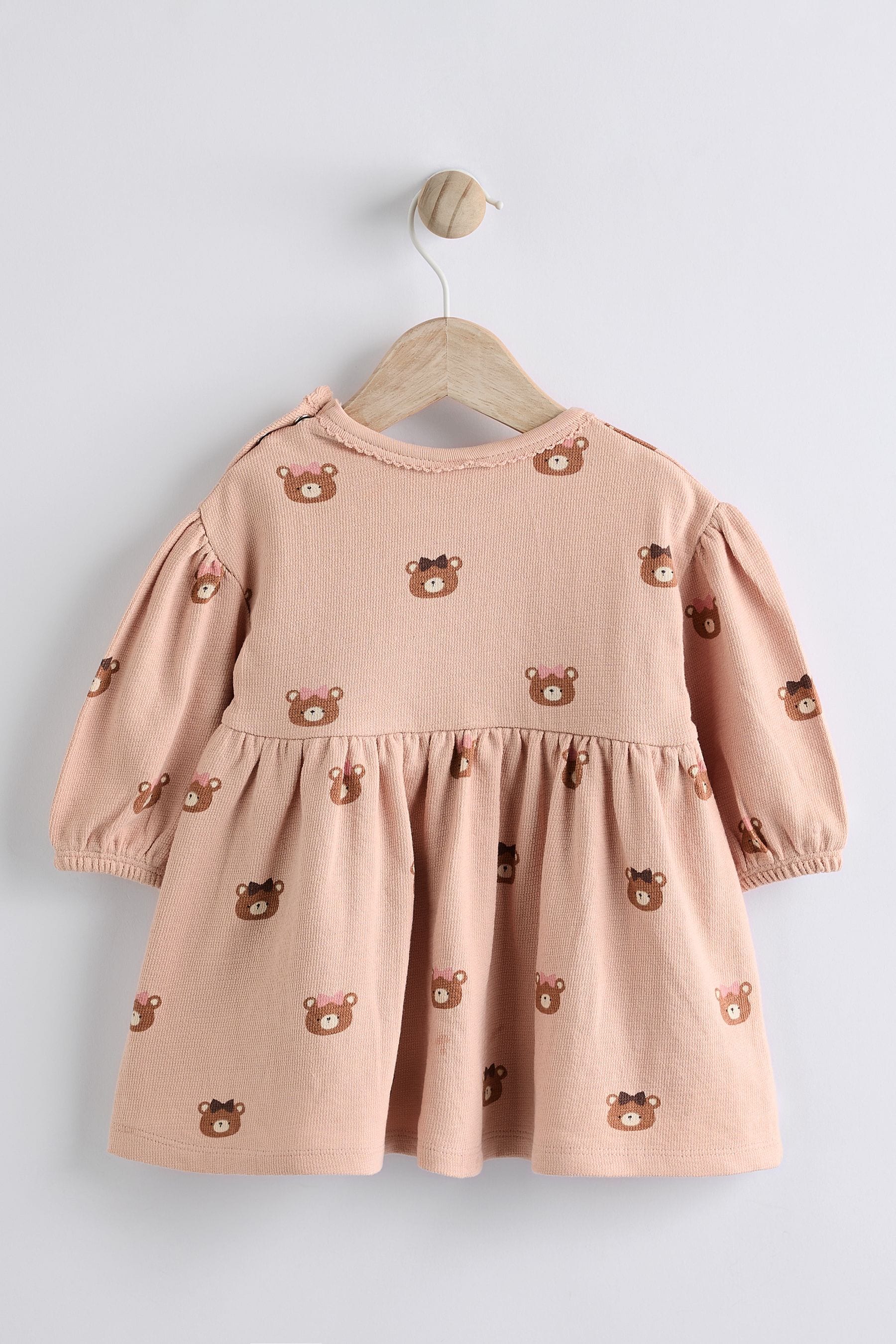 Caramel Brown/Pink Bear Print Baby Jersey Dress With Tights (0mths-2yrs)