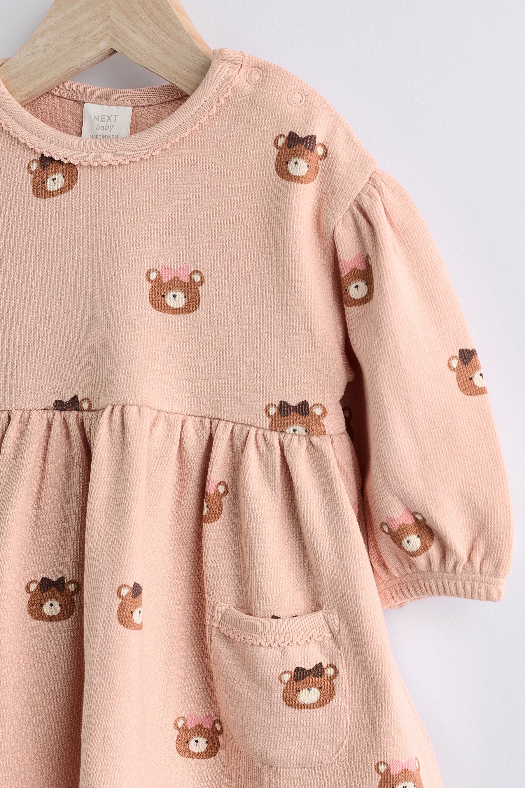 Caramel Brown/Pink Bear Print Baby Jersey Dress With Tights (0mths-2yrs)