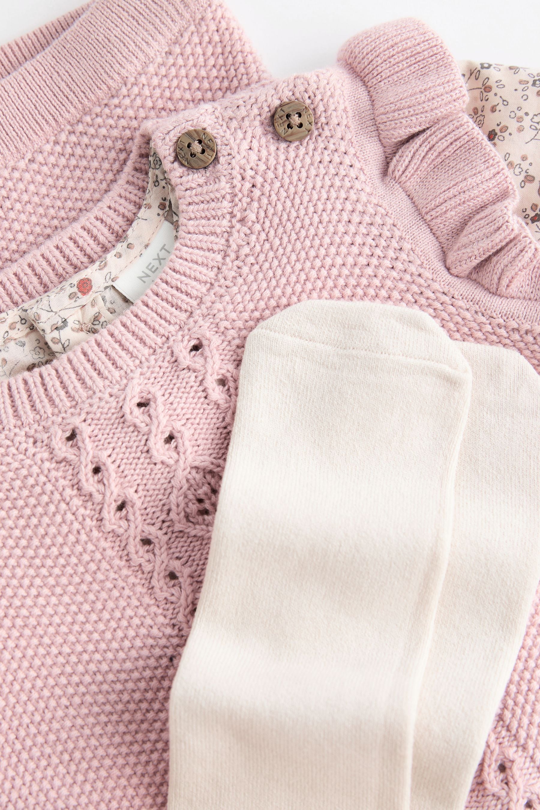 Pink Knitted Bloomer Shorts Long Sleeve Top & Tights Set (0mths-2yrs)