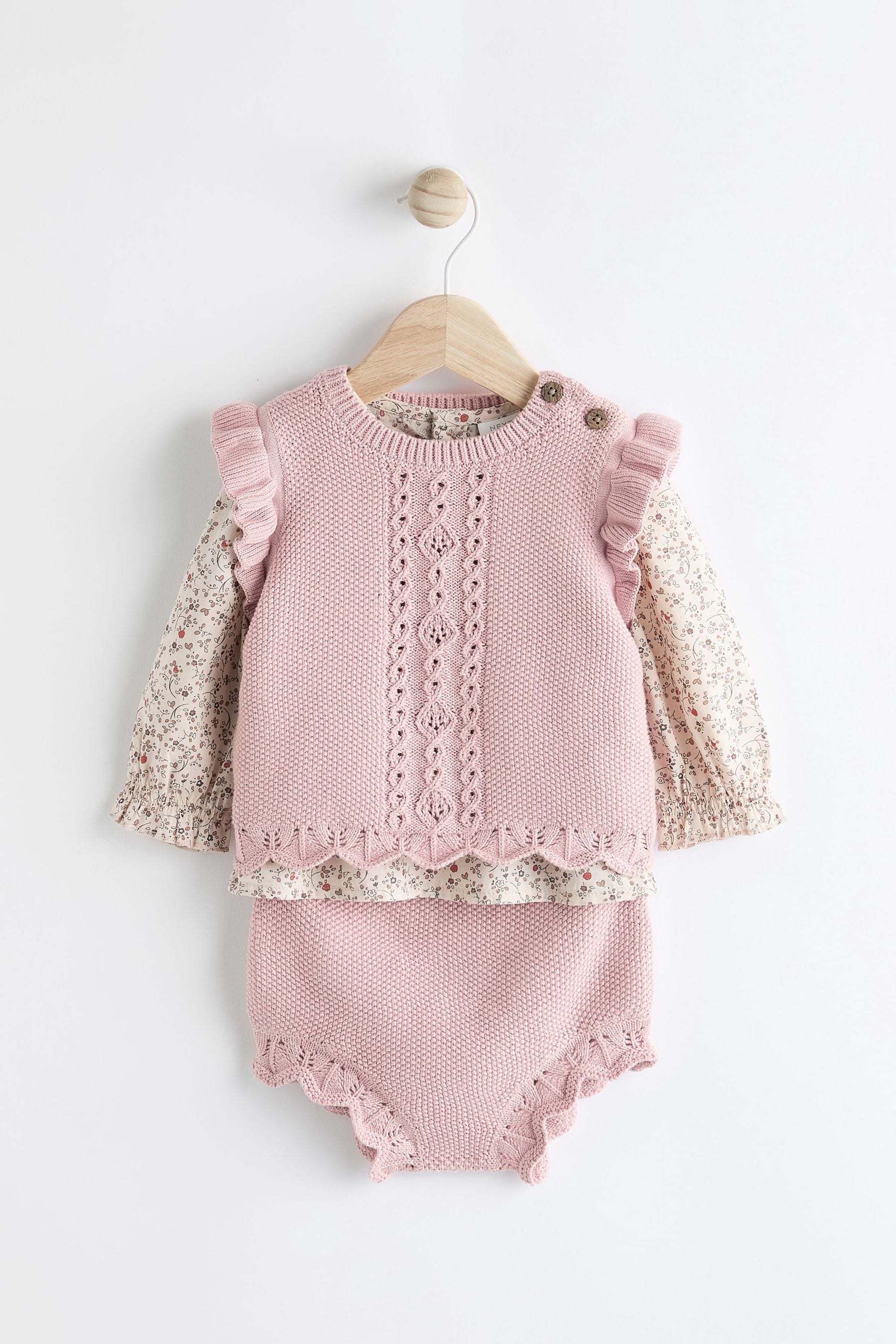 Pink Knitted Bloomer Shorts Long Sleeve Top & Tights Set (0mths-2yrs)