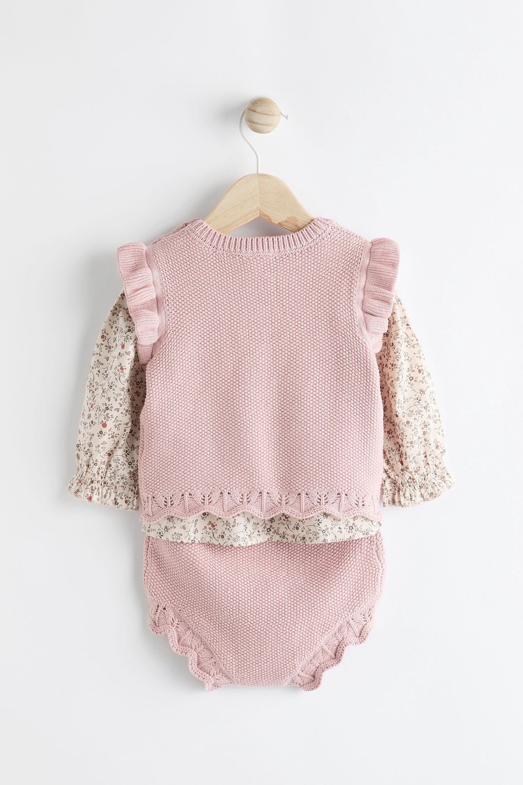 Pink Knitted Bloomer Shorts Long Sleeve Top & Tights Set (0mths-2yrs)