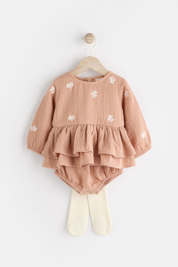 Beige Baby Bloomer 100% Cotton Romper with Tights Set (0mths-3yrs)