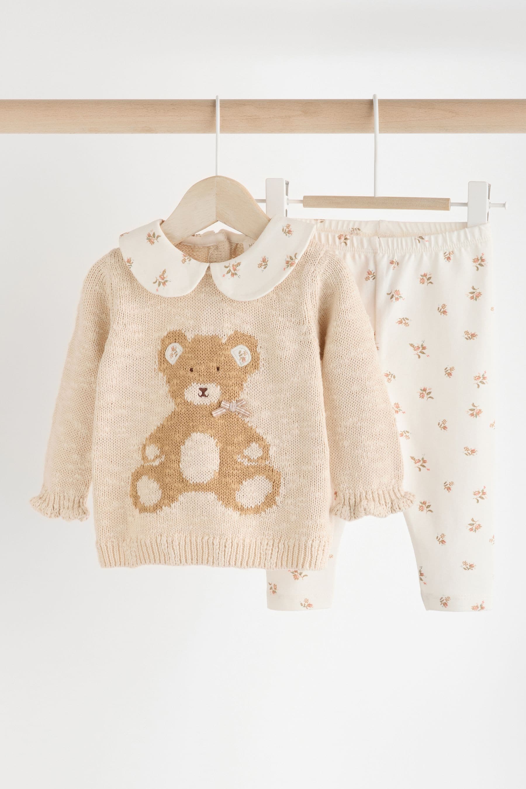 Cream Bear Baby Knitted 100% Cotton Jumper And Legging Set (0mths-3yrs)