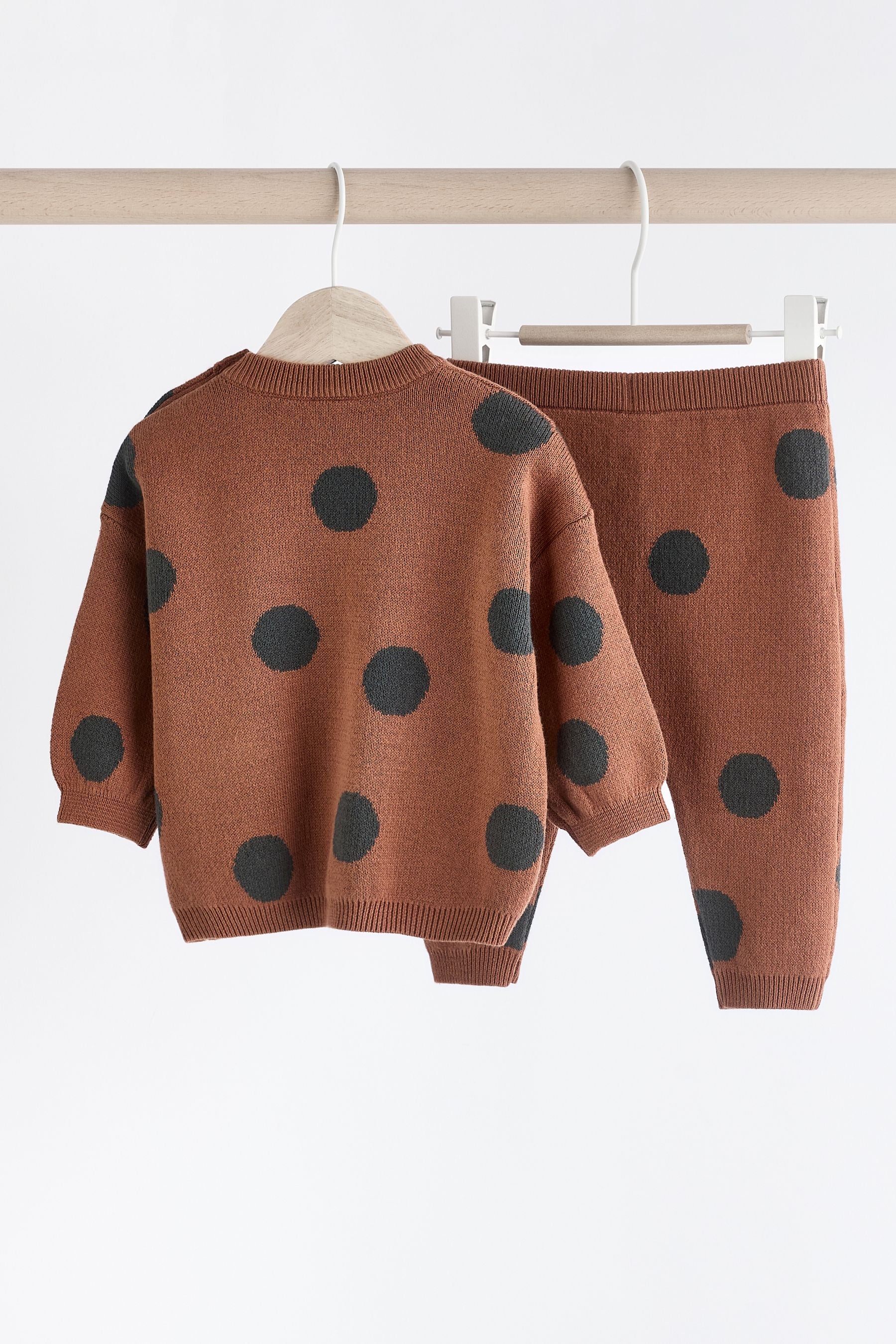 Tan Brown Spot Baby Knitted 100% Cotton Jumper and Leggings Set (0mths-2yrs)