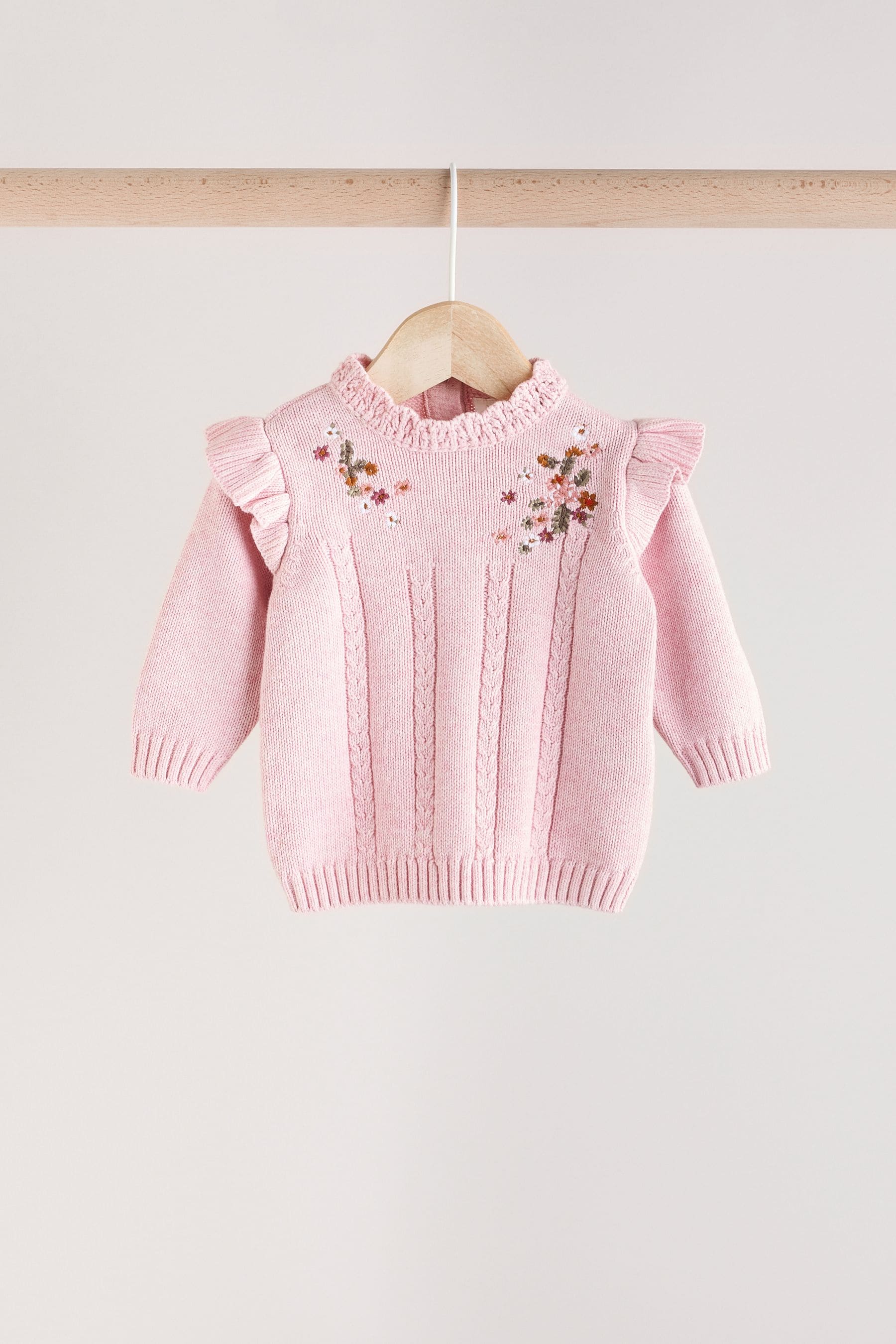 Pink Flower Embroidered Baby Knitted 100% Cotton Jumper And Leggings Set (0mths-2yrs)