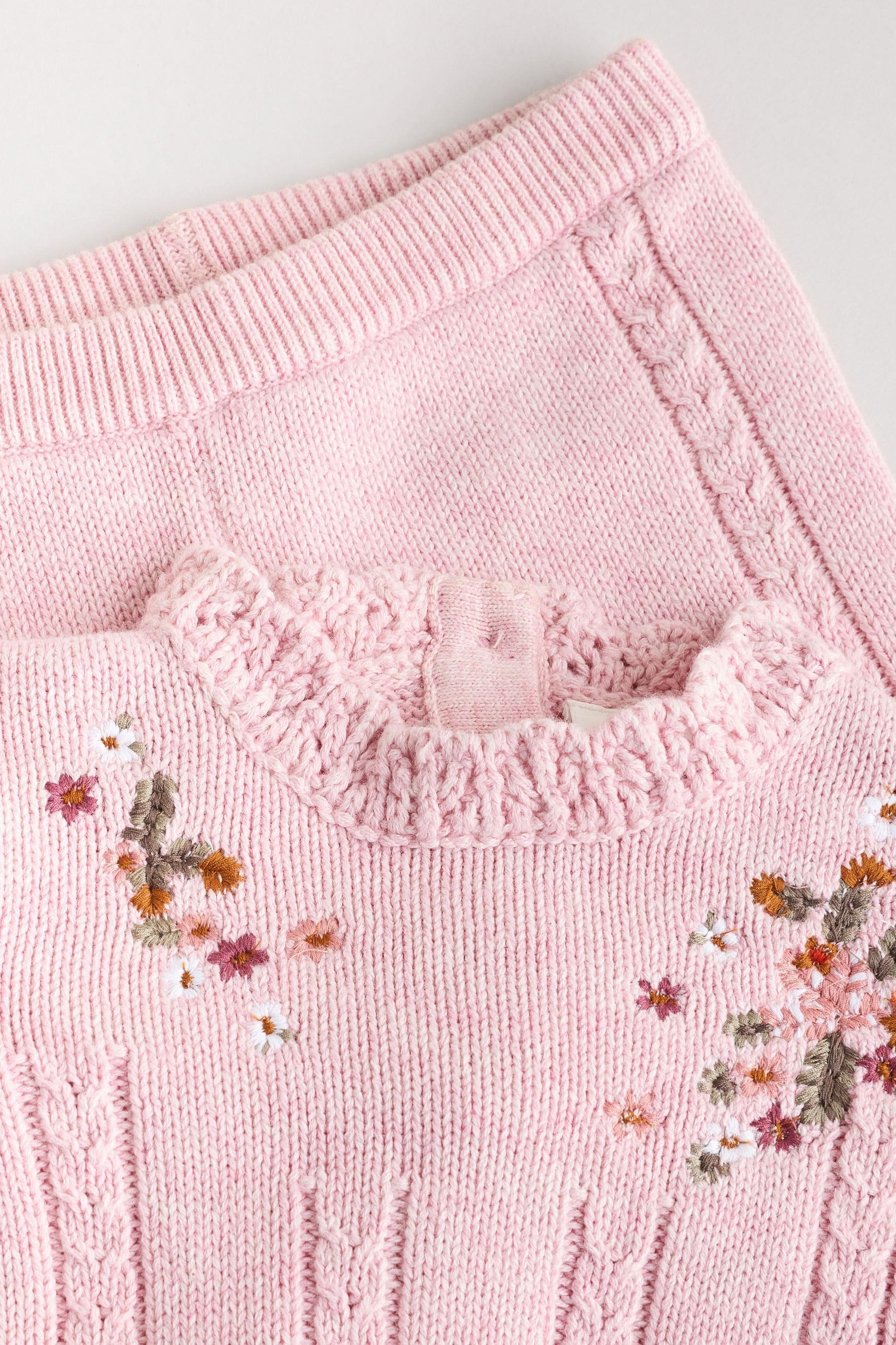 Pink Flower Embroidered Baby Knitted 100% Cotton Jumper And Leggings Set (0mths-2yrs)