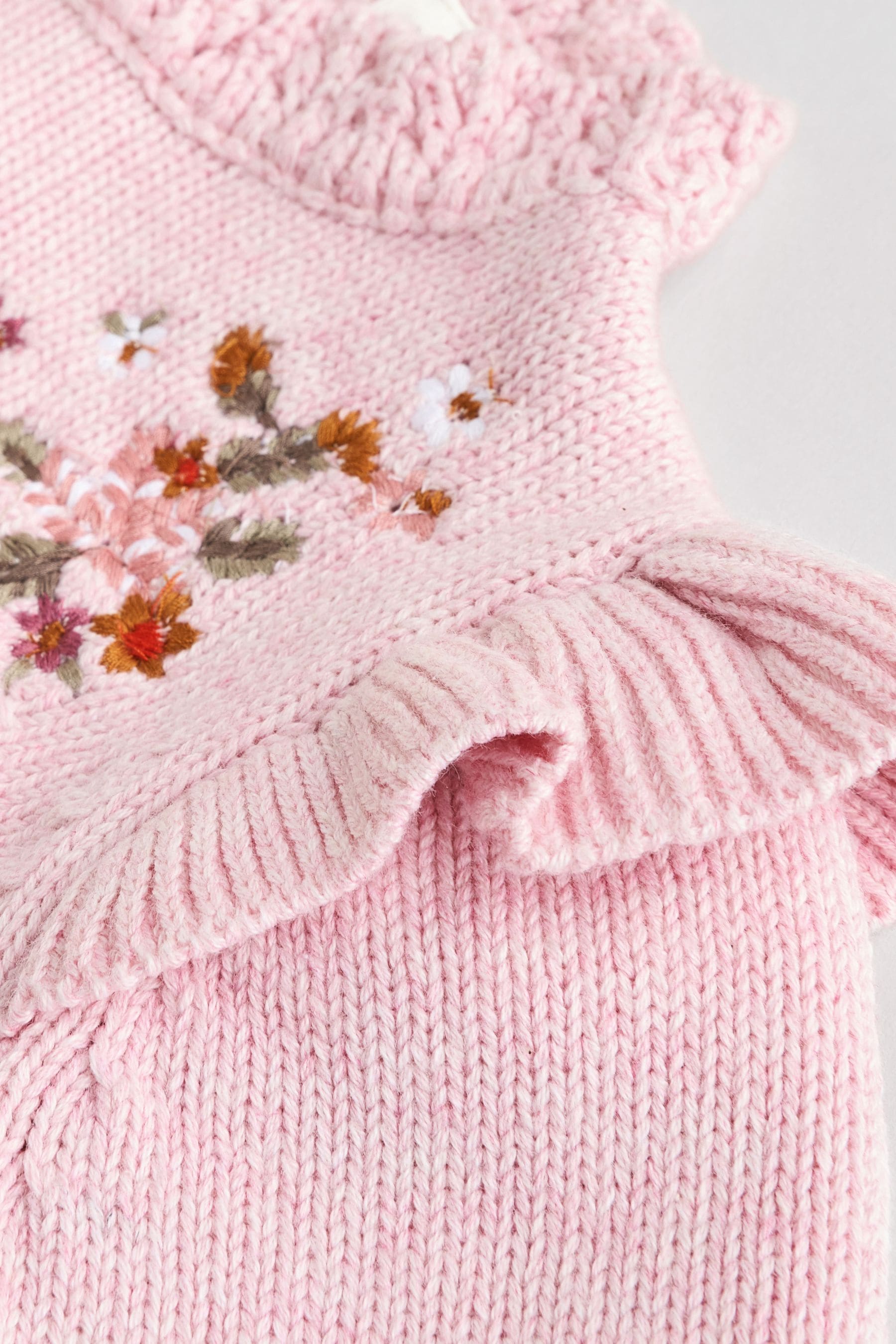 Pink Flower Embroidered Baby Knitted 100% Cotton Jumper And Leggings Set (0mths-2yrs)