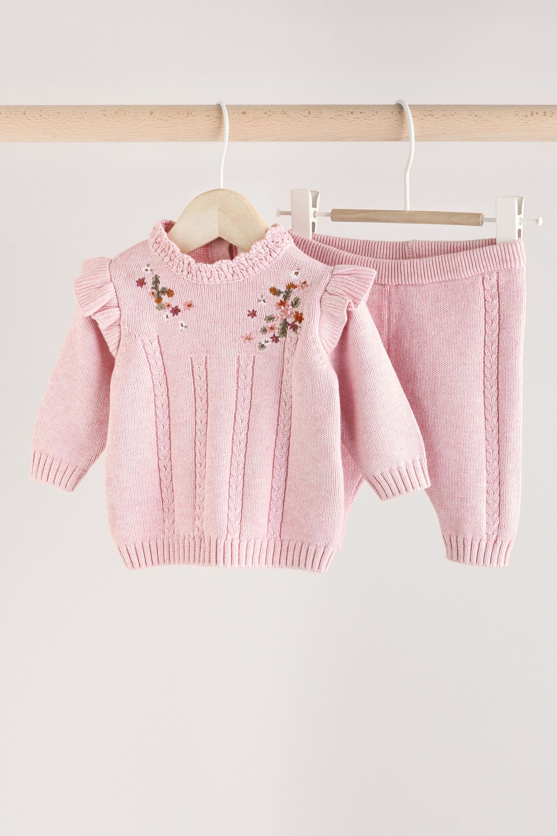 Pink Flower Embroidered Baby Knitted 100% Cotton Jumper And Leggings Set (0mths-2yrs)