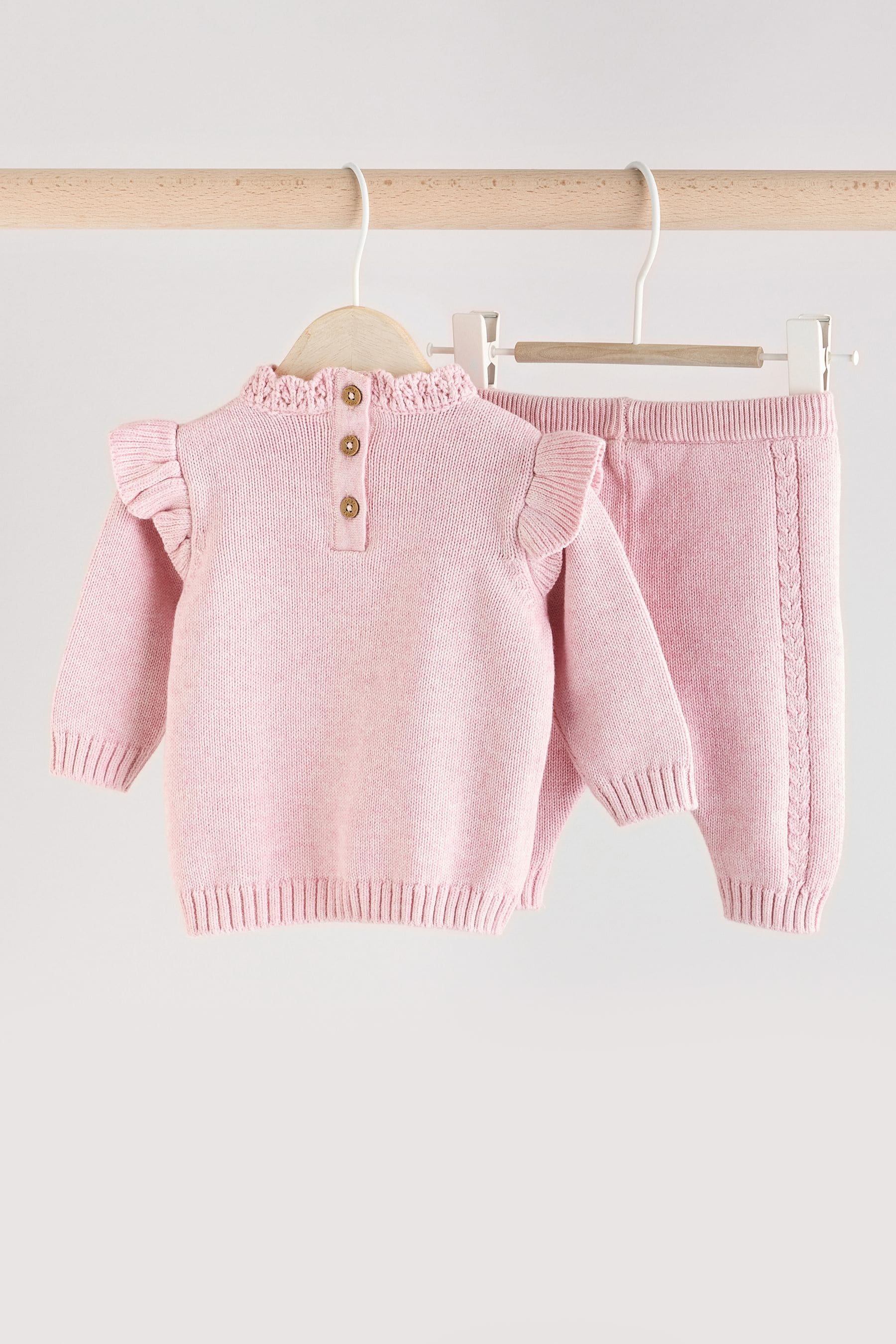 Pink Flower Embroidered Baby Knitted 100% Cotton Jumper And Leggings Set (0mths-2yrs)