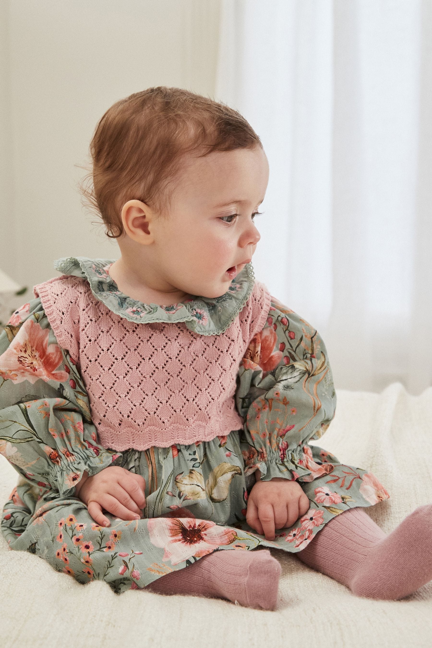 Sage Green/Floral with Removeable Vest Woven Dress and Tights Set (0mths-2yrs)