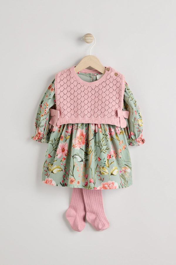 Sage Green/Floral with Removeable Vest Woven Dress and Tights Set (0mths-2yrs)