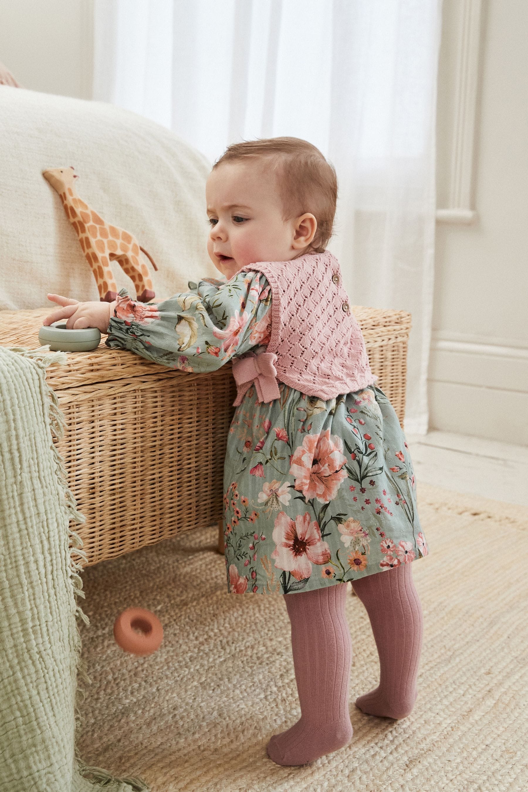 Sage Green/Floral with Removeable Vest Woven Dress and Tights Set (0mths-2yrs)