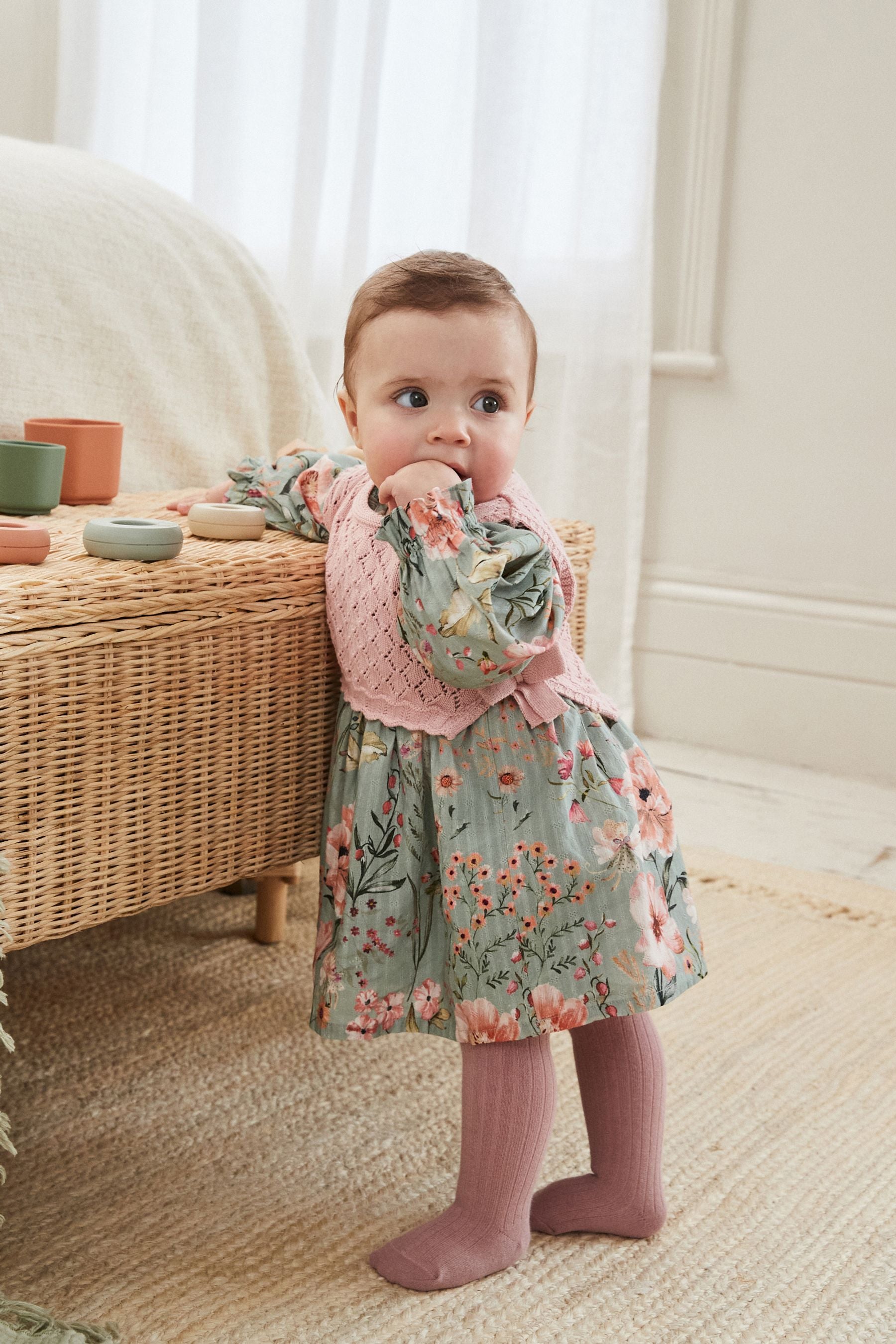 Sage Green/Floral with Removeable Vest Woven Dress and Tights Set (0mths-2yrs)