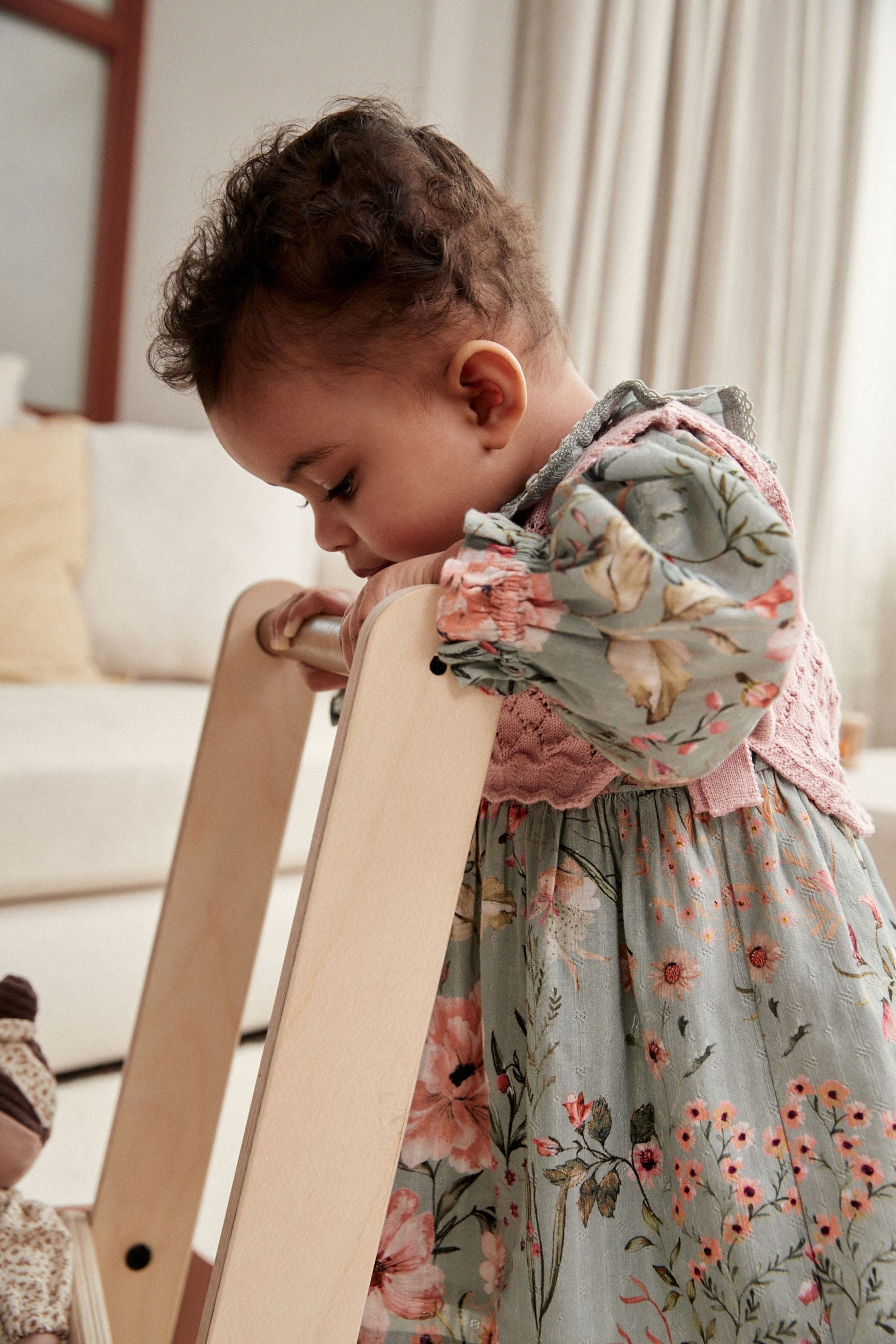 Sage Green/Floral with Removeable Vest Woven Dress and Tights Set (0mths-2yrs)