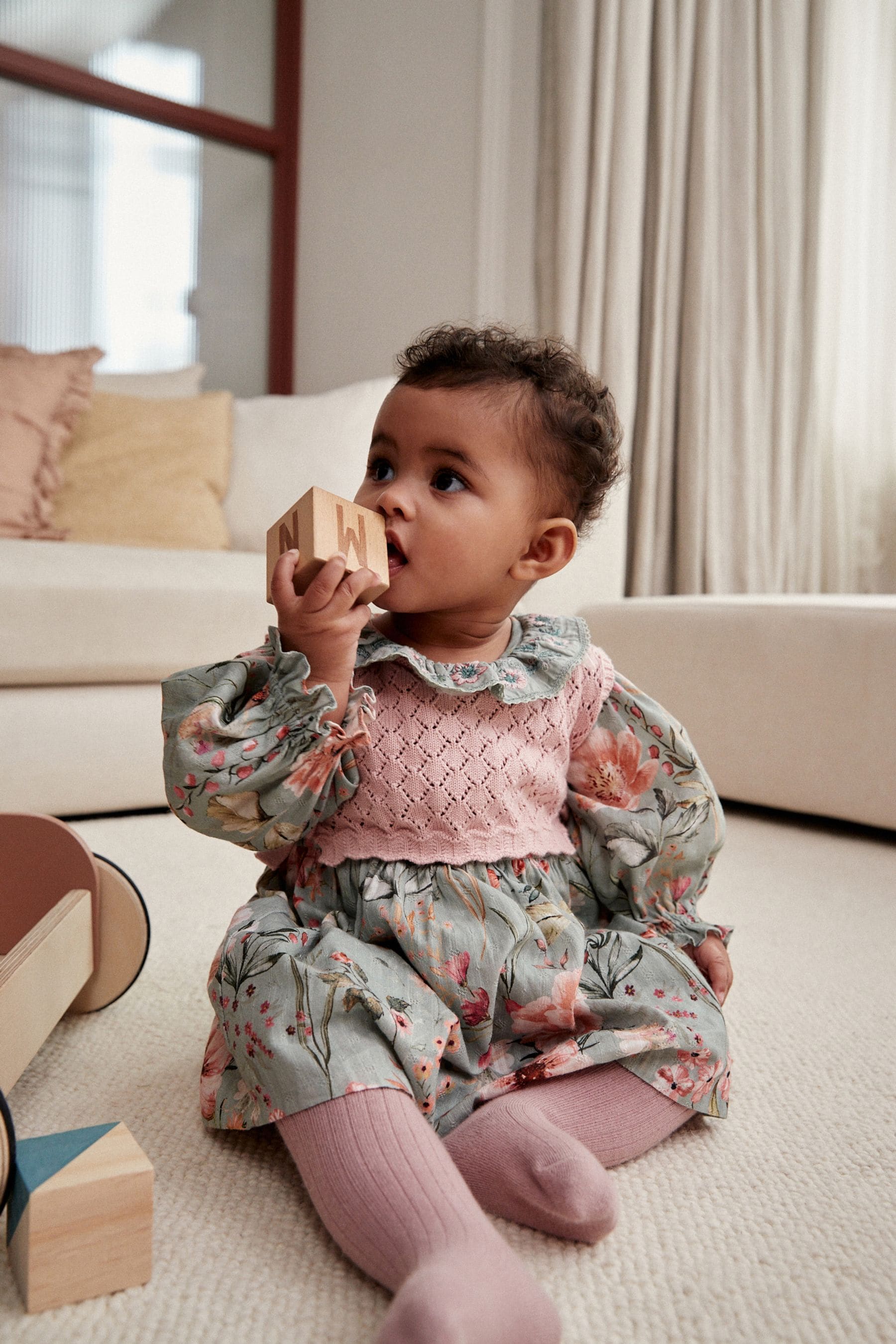 Sage Green/Floral with Removeable Vest Woven Dress and Tights Set (0mths-2yrs)