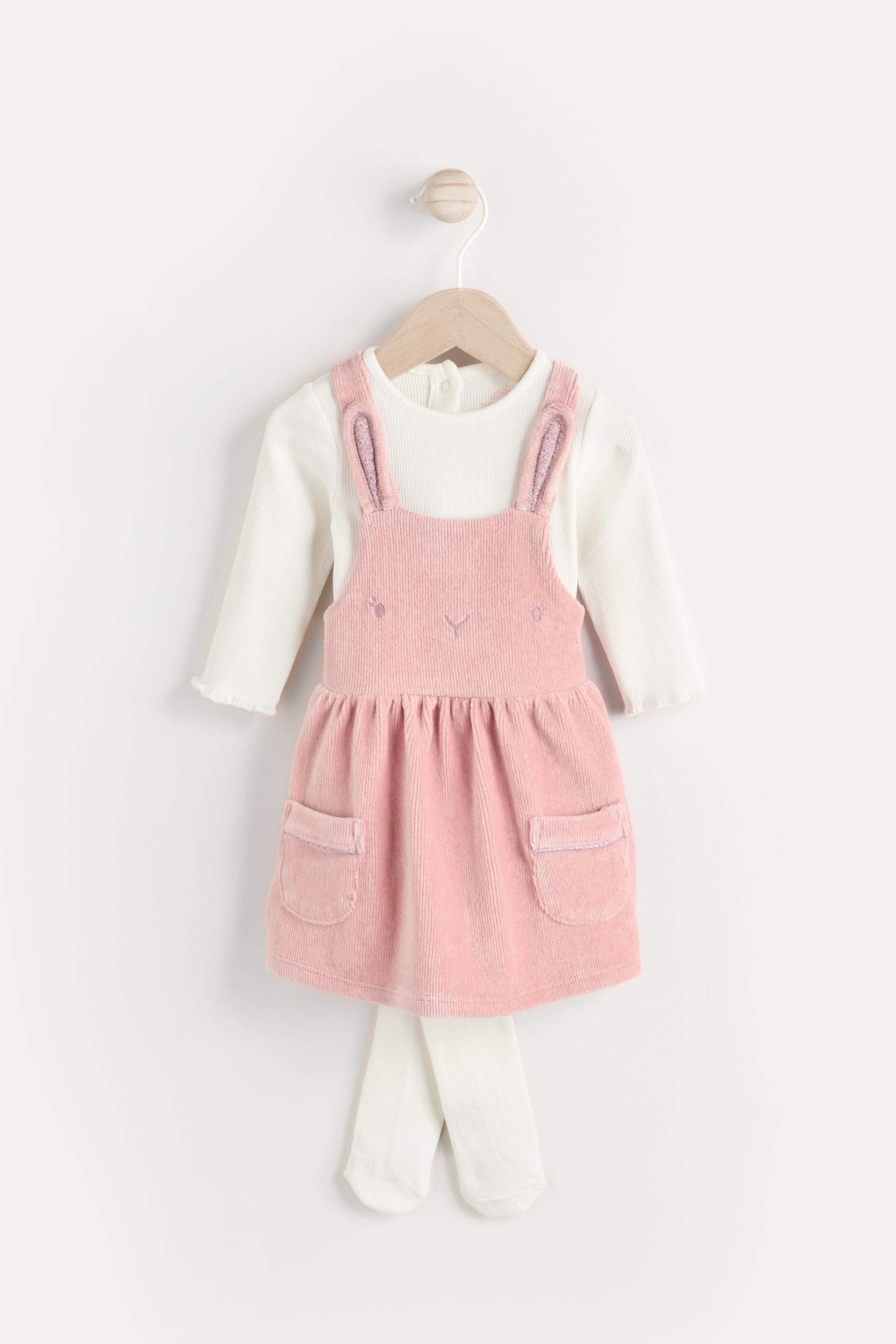 Pink Bunny Velour Baby Pinafore Dress With Tights (0mths-2yrs)