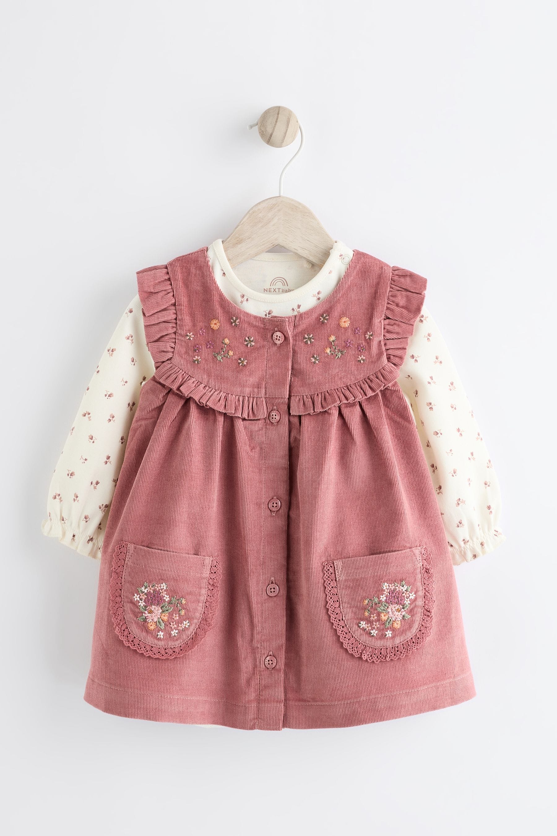 Pink Embroidered Baby Corduroy Pinafore Dress With Tights (0mths-2yrs)