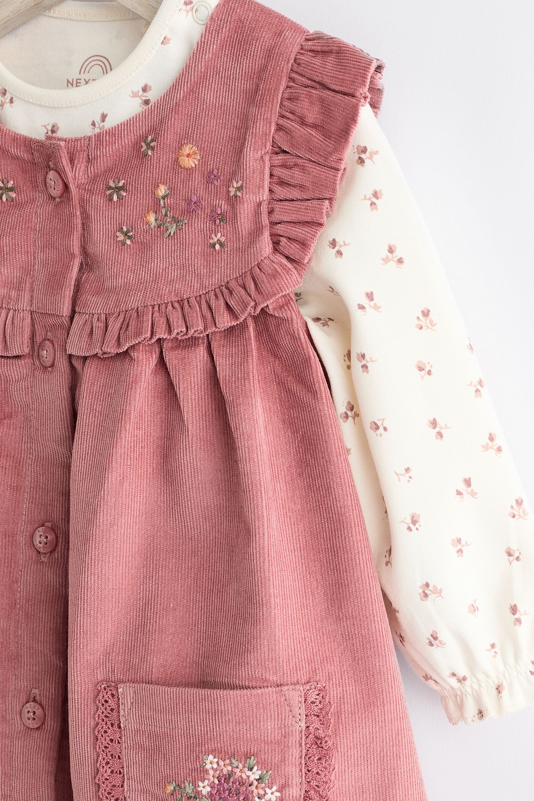 Pink Embroidered Baby Corduroy Pinafore Dress With Tights (0mths-2yrs)