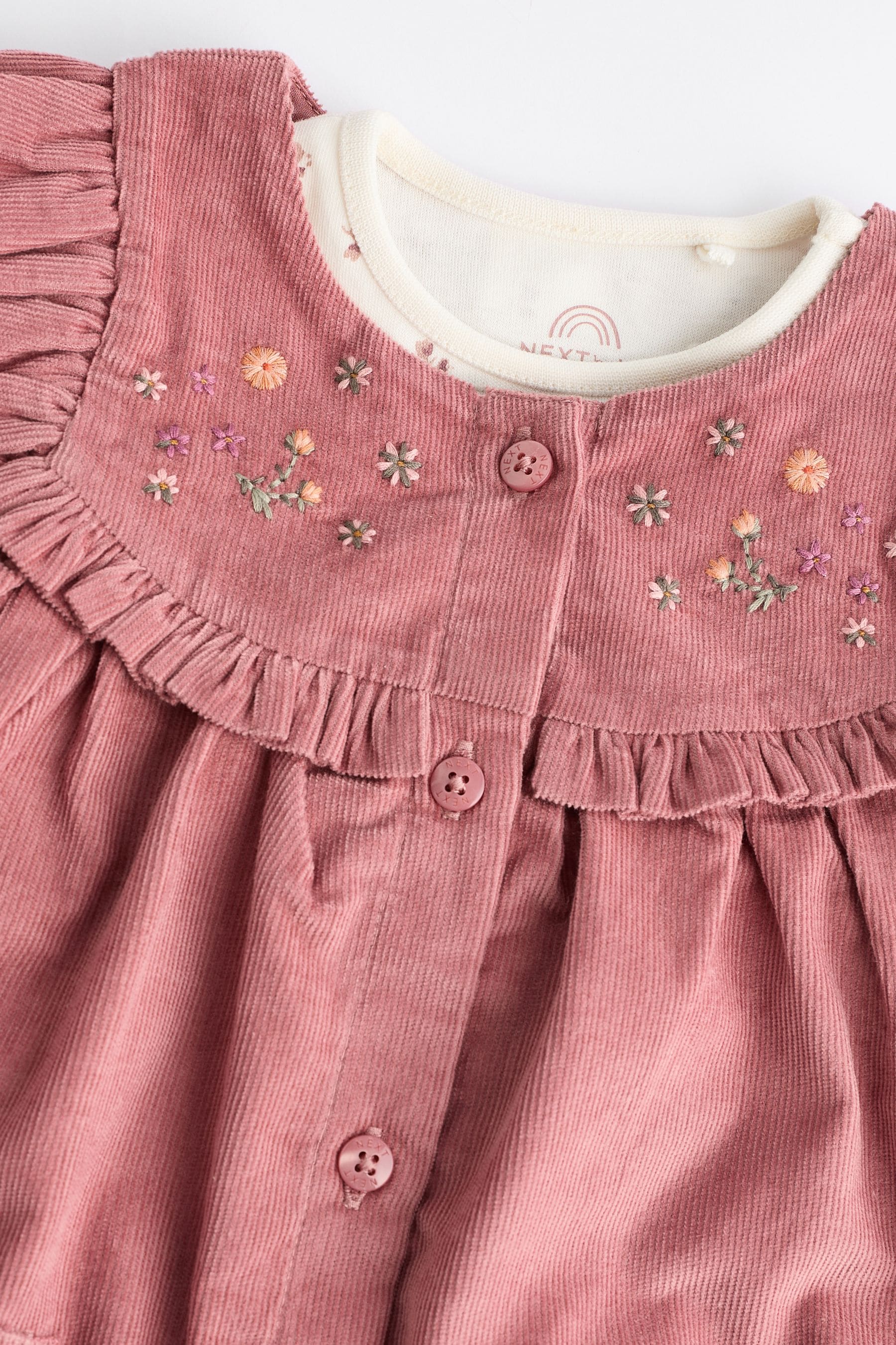 Pink Embroidered Baby Corduroy Pinafore Dress With Tights (0mths-2yrs)