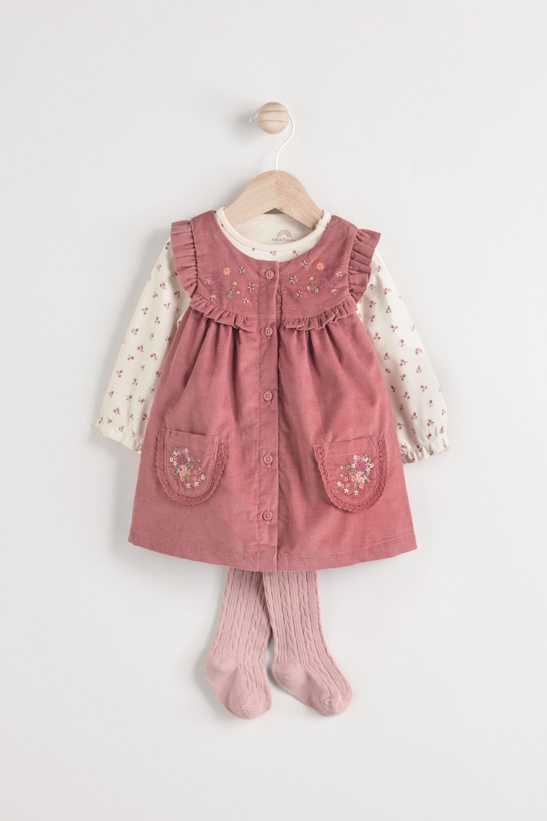 Pink Embroidered Baby Corduroy Pinafore Dress With Tights (0mths-2yrs)