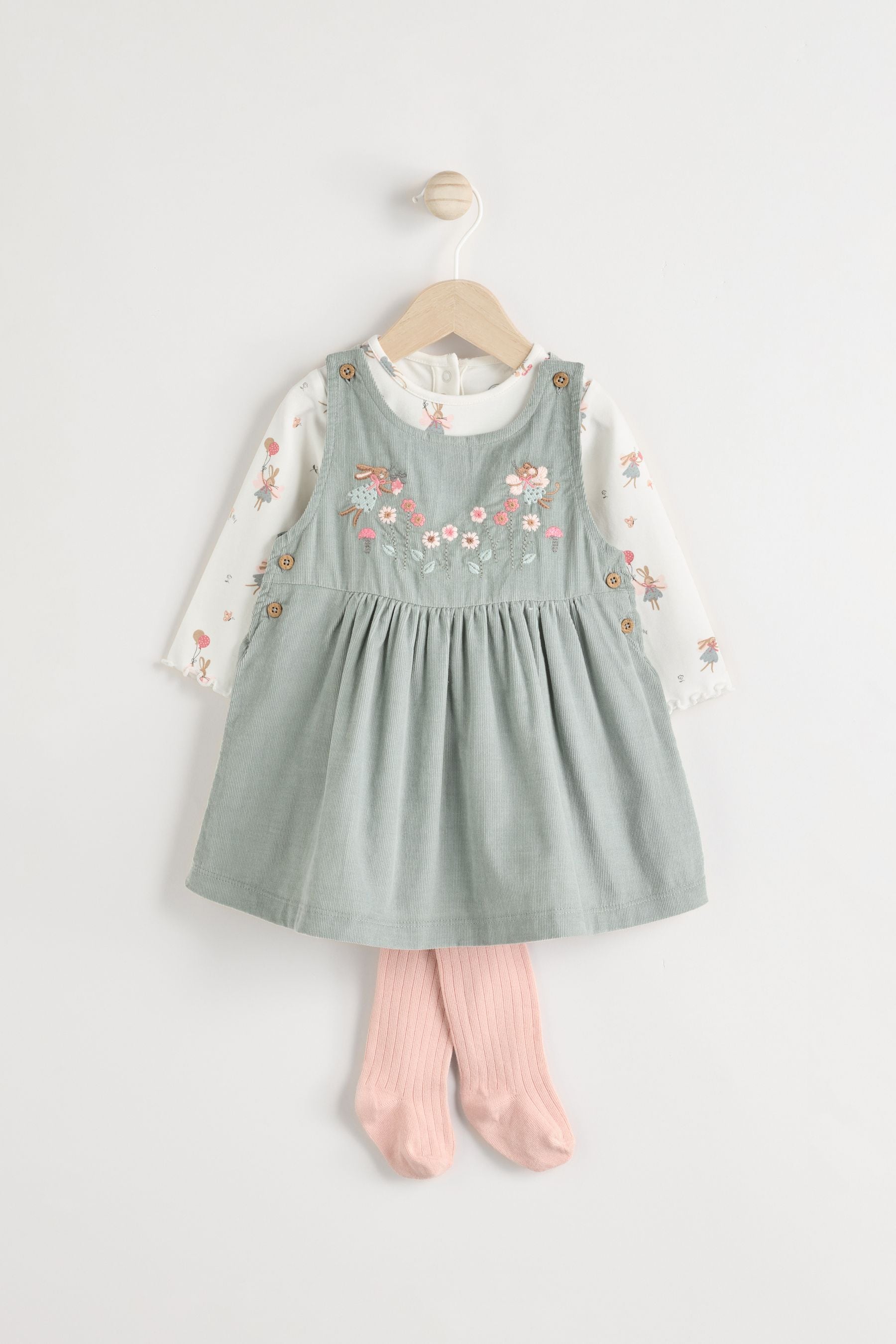 Green Embroidered Baby Corduroy Pinafore Dress With Tights (0mths-2yrs)