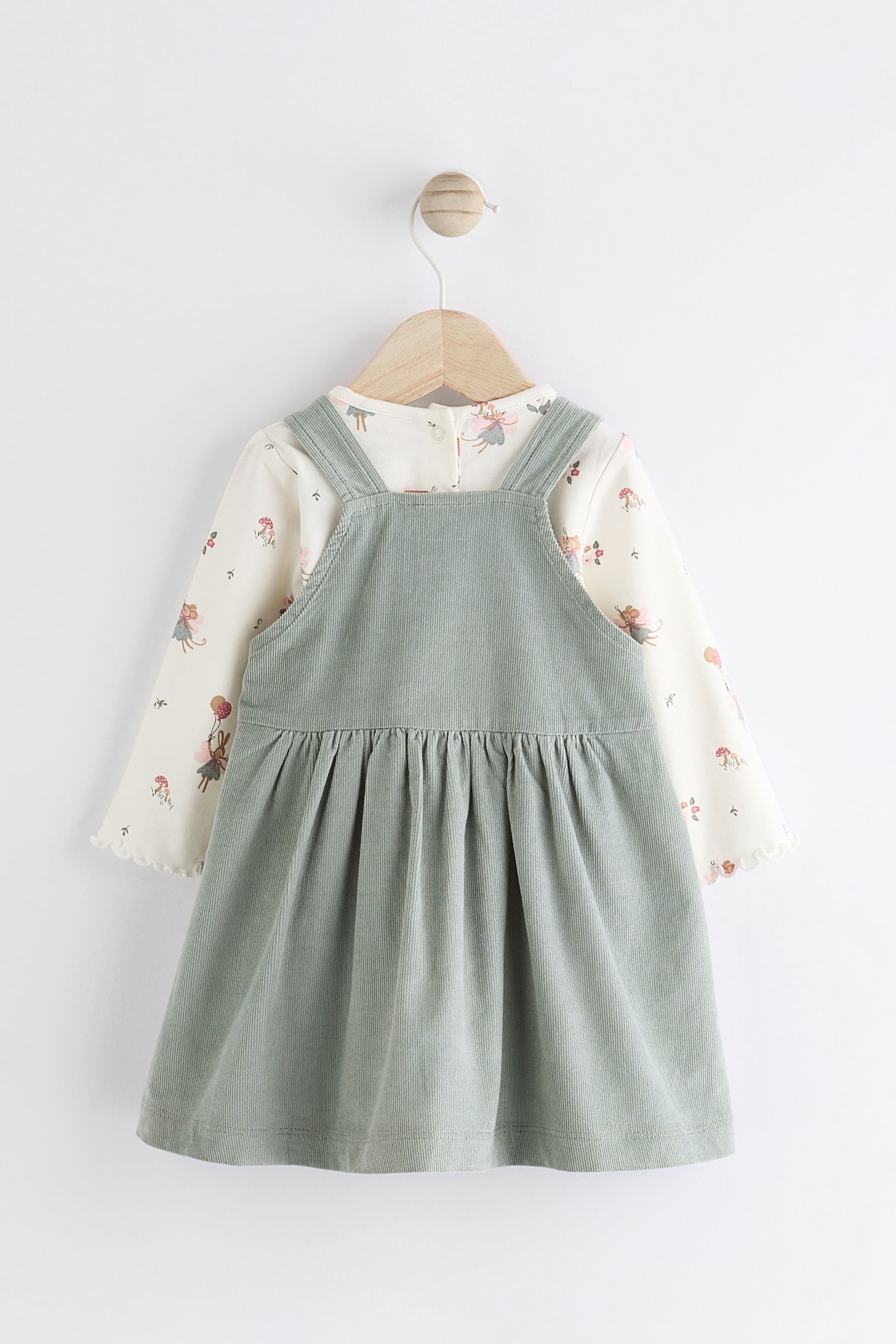 Green Embroidered Baby Corduroy Pinafore Dress With Tights (0mths-2yrs)