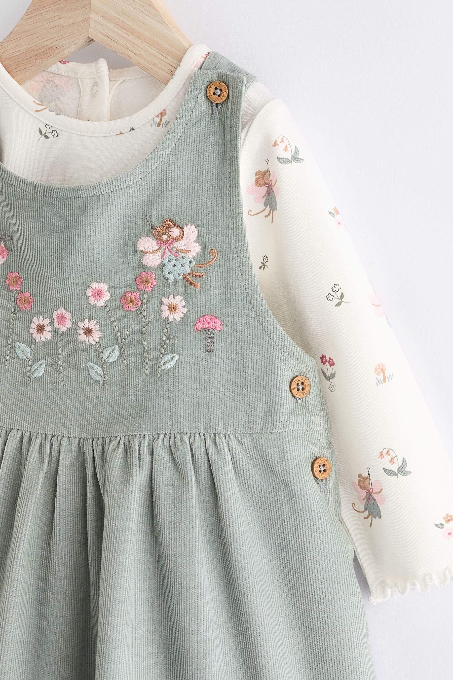 Green Embroidered Baby Corduroy Pinafore Dress With Tights (0mths-2yrs)