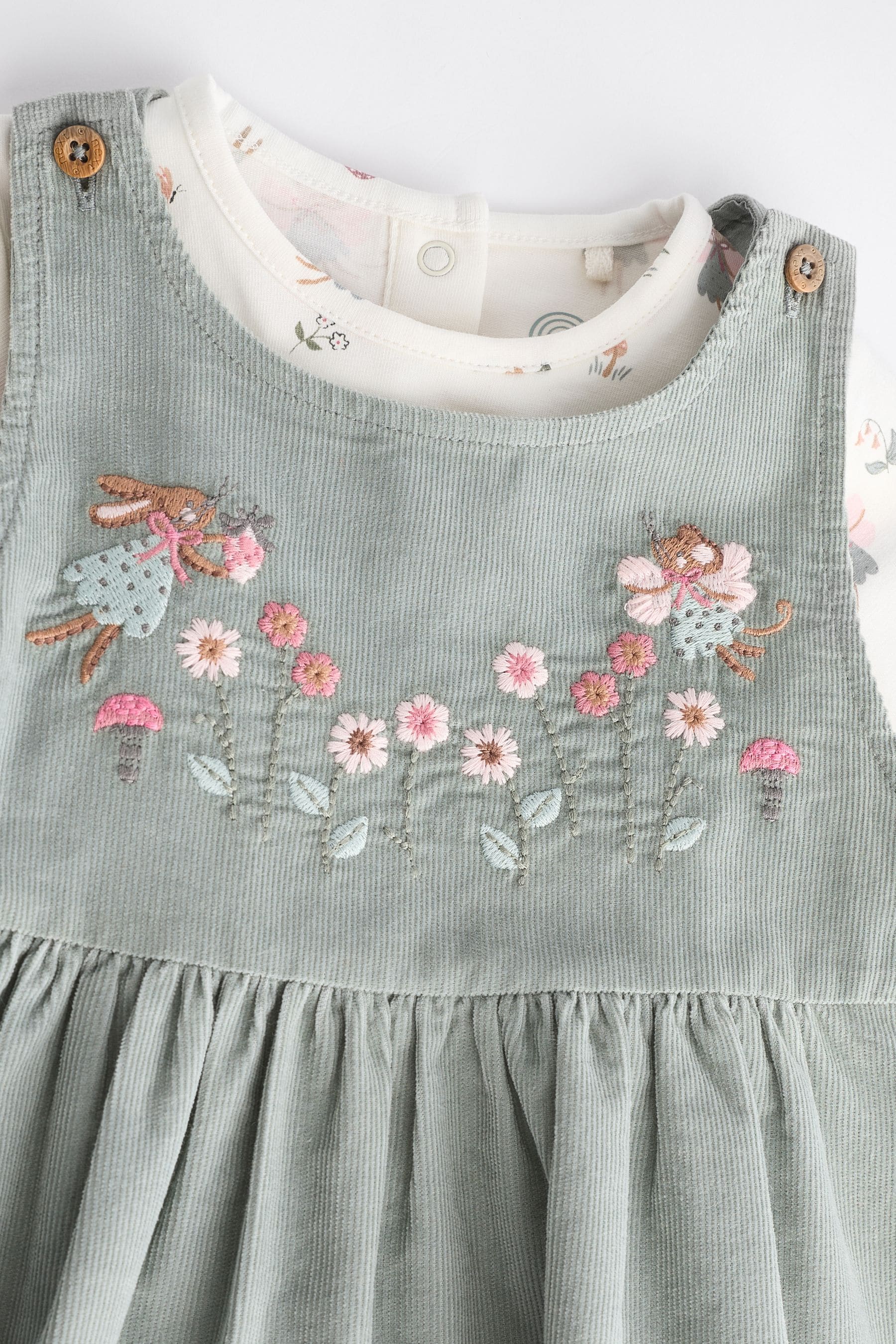 Green Embroidered Baby Corduroy Pinafore Dress With Tights (0mths-2yrs)