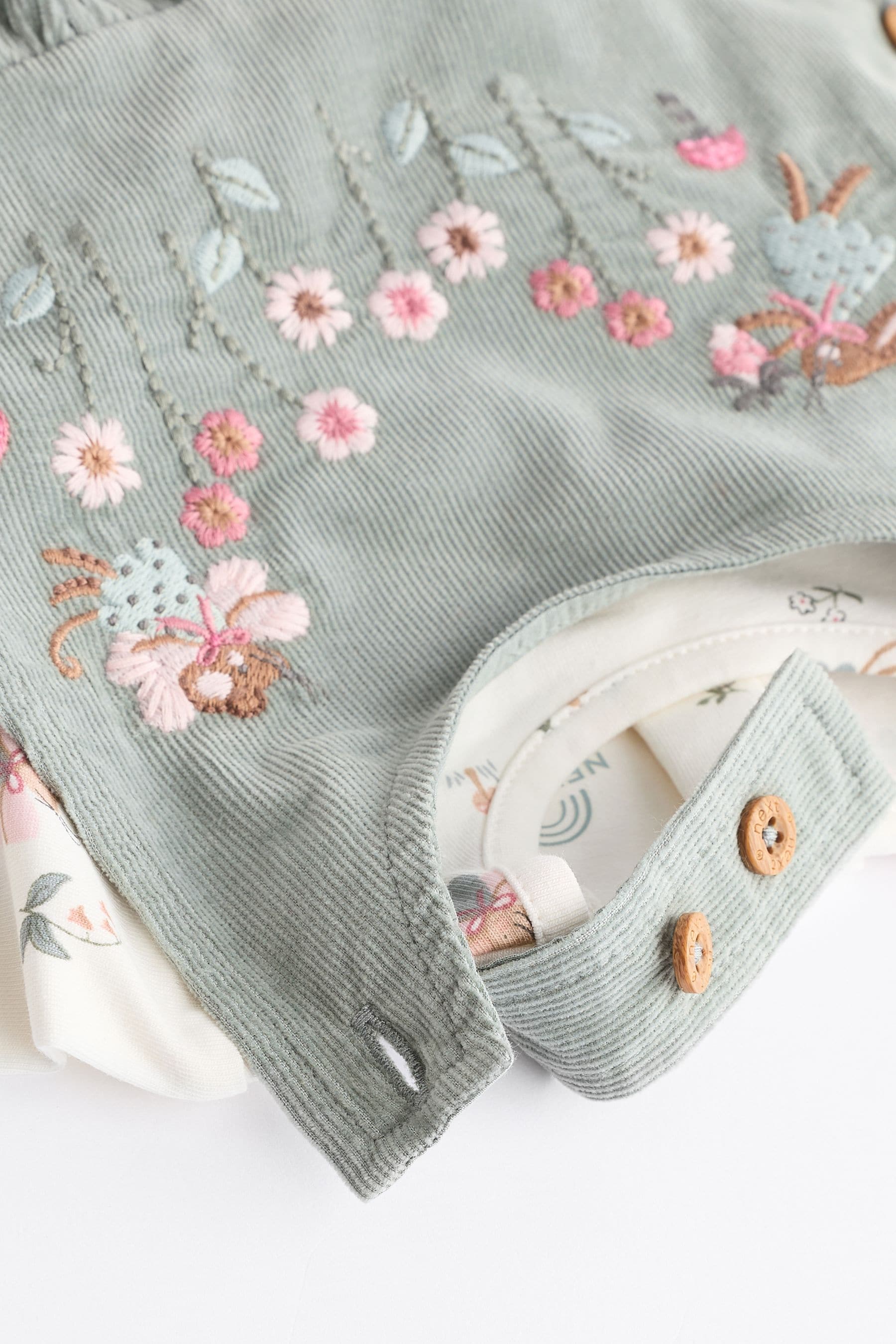 Green Embroidered Baby Corduroy Pinafore Dress With Tights (0mths-2yrs)