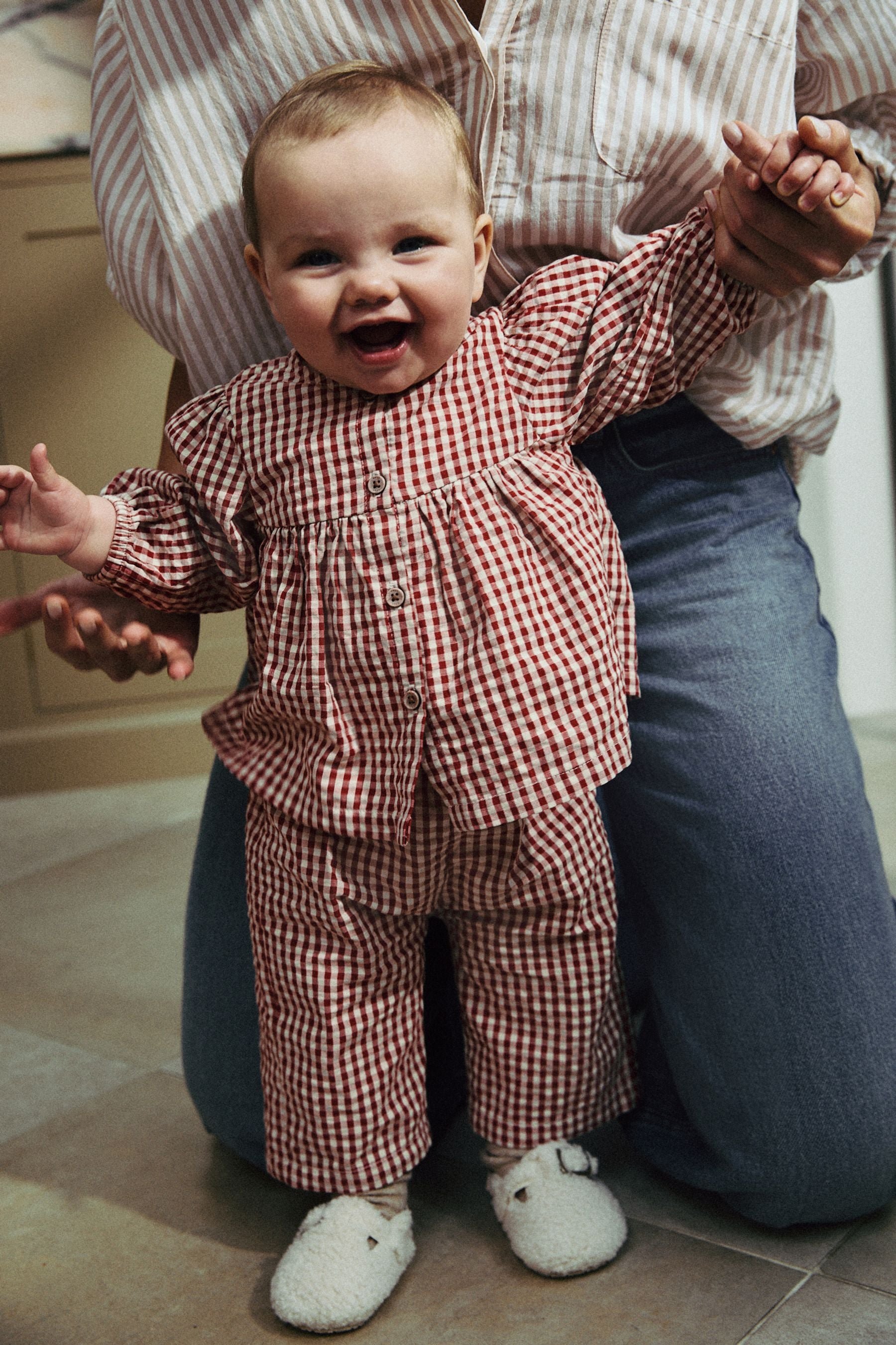 Red Gingham Woven Long Sleeve Top and Wide Leg 100% Cotton Trousers Set (0mths-2yrs)