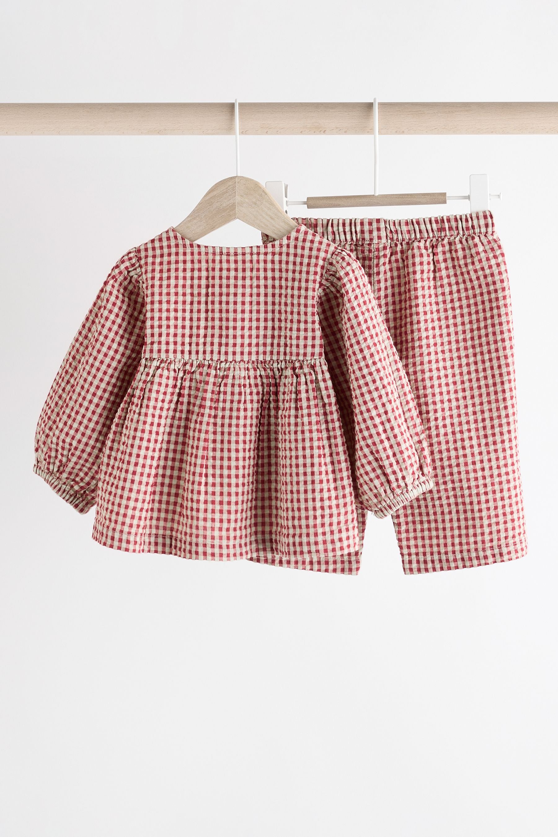 Red Gingham Woven Long Sleeve Top and Wide Leg 100% Cotton Trousers Set (0mths-2yrs)