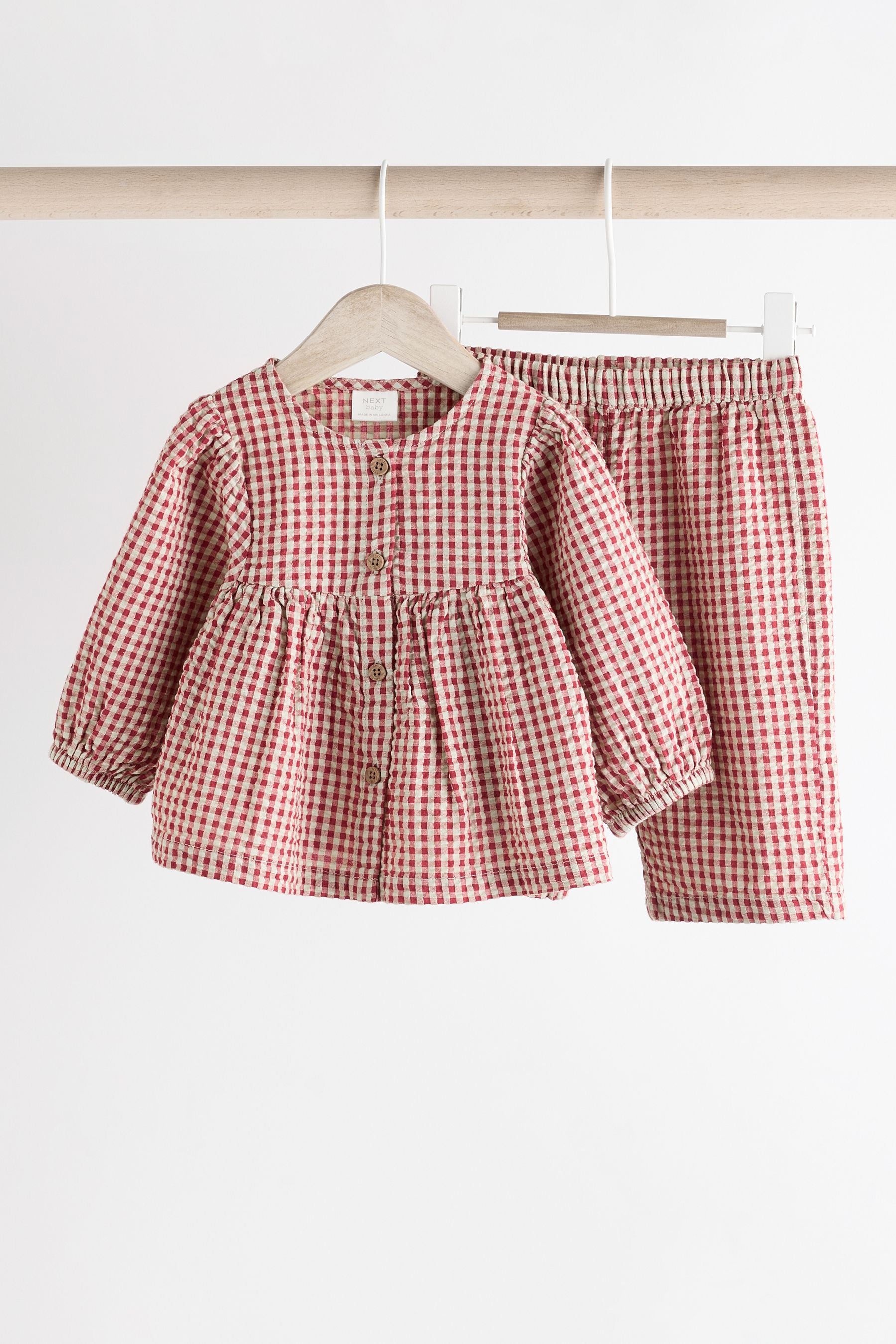 Red Gingham Woven Long Sleeve 100% Cotton Top and Wide Leg Trousers Set (0mths-2yrs)