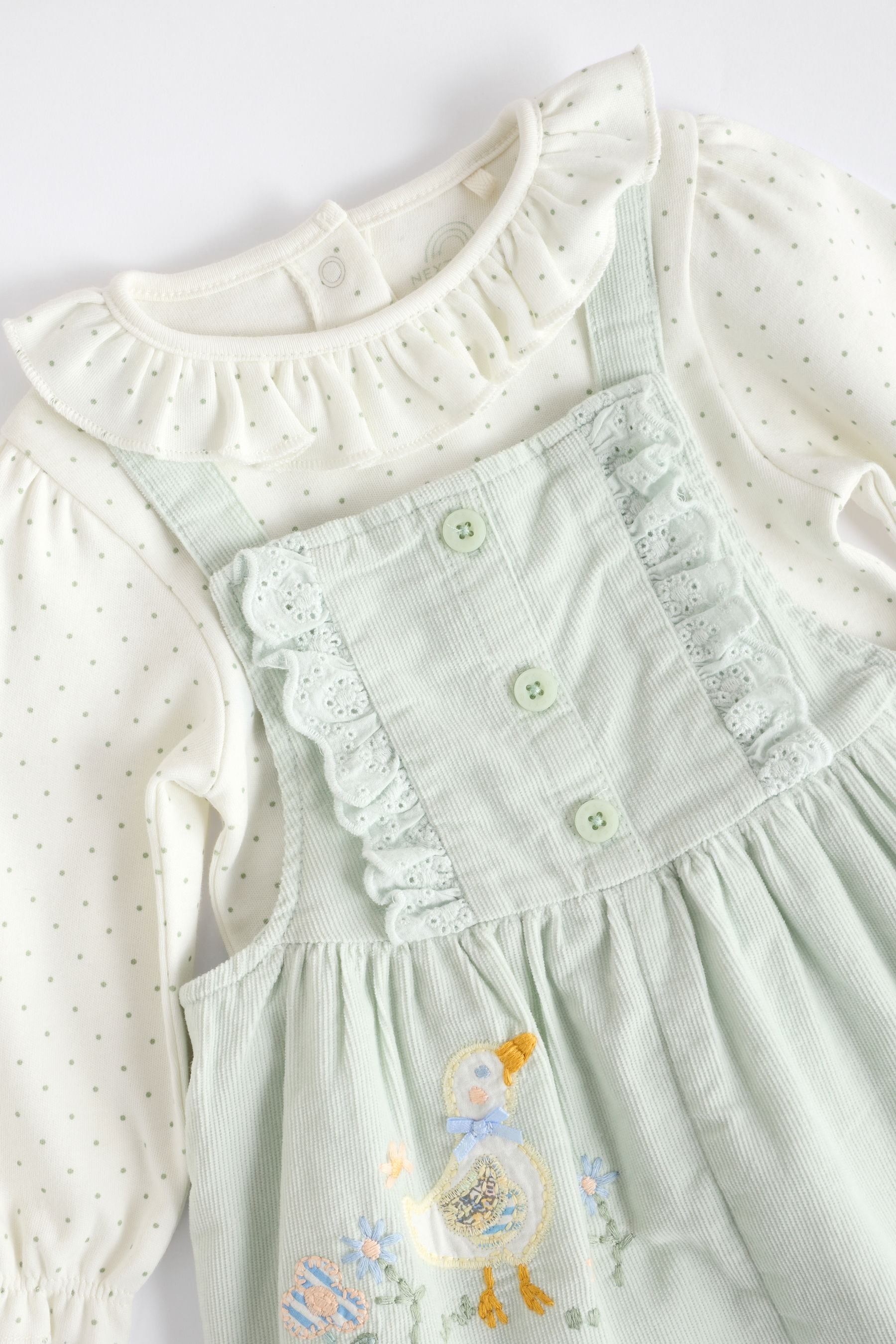 Sage Green Character Baby Corduroy 100% Cotton Dungarees and Long Sleeve Bodysuit Set (0mths-2yrs)