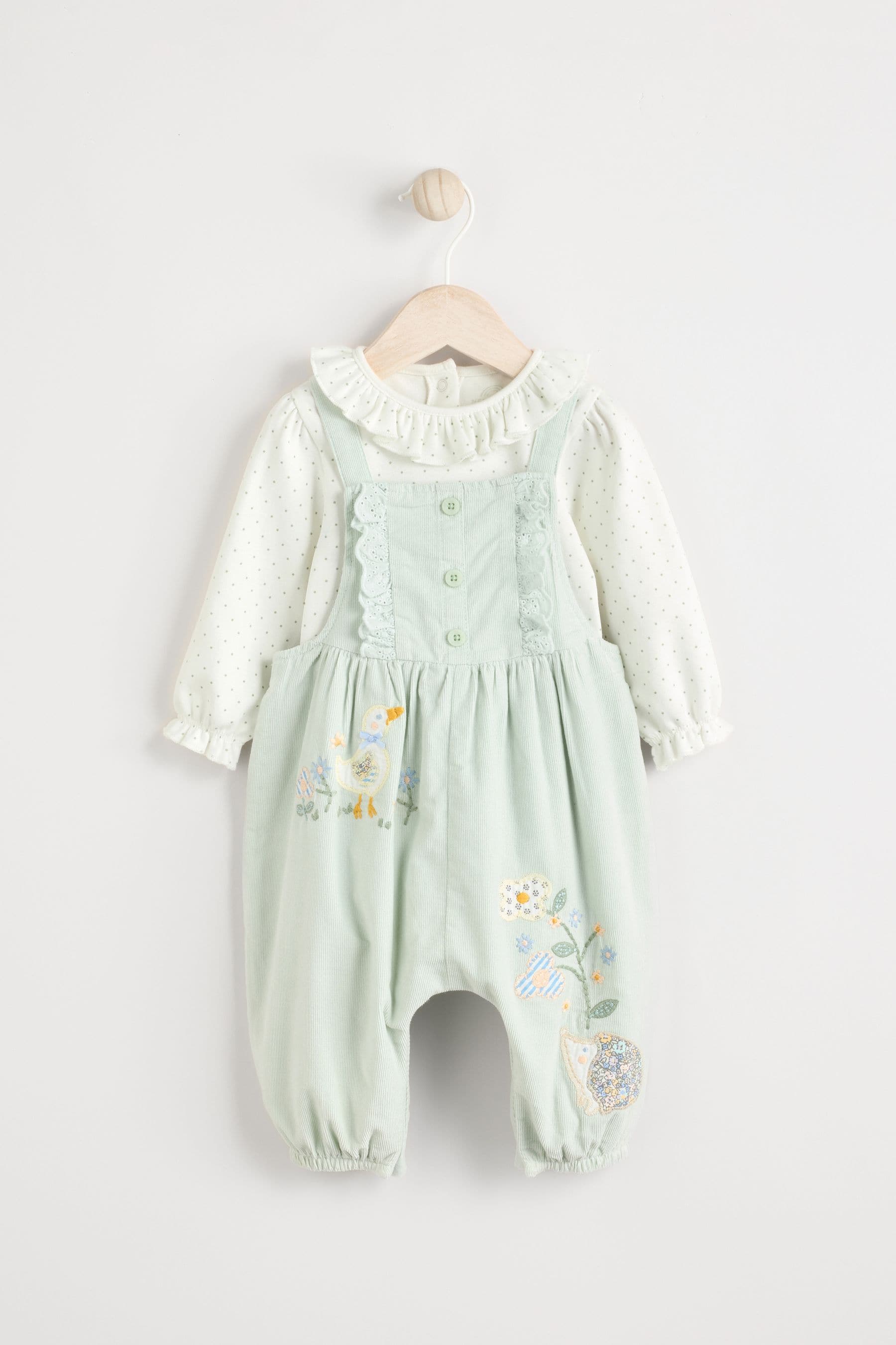 Sage Green Character Baby Corduroy 100% Cotton Dungarees and Long Sleeve Bodysuit Set (0mths-2yrs)