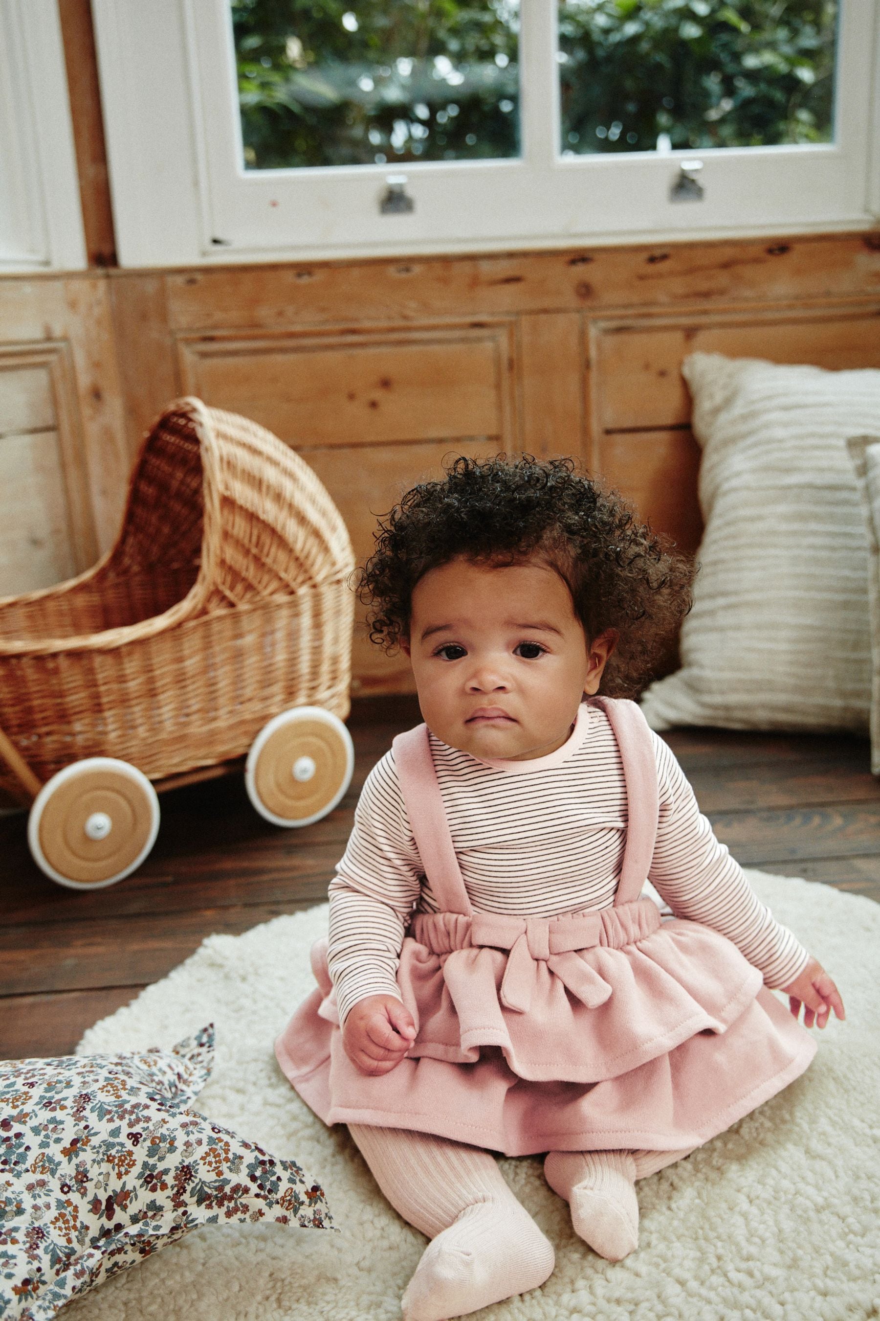 Pink/Monochrome Baby Tiered Skirt Long Sleeve Bodysuit & Tights Set (0mths-2yrs)