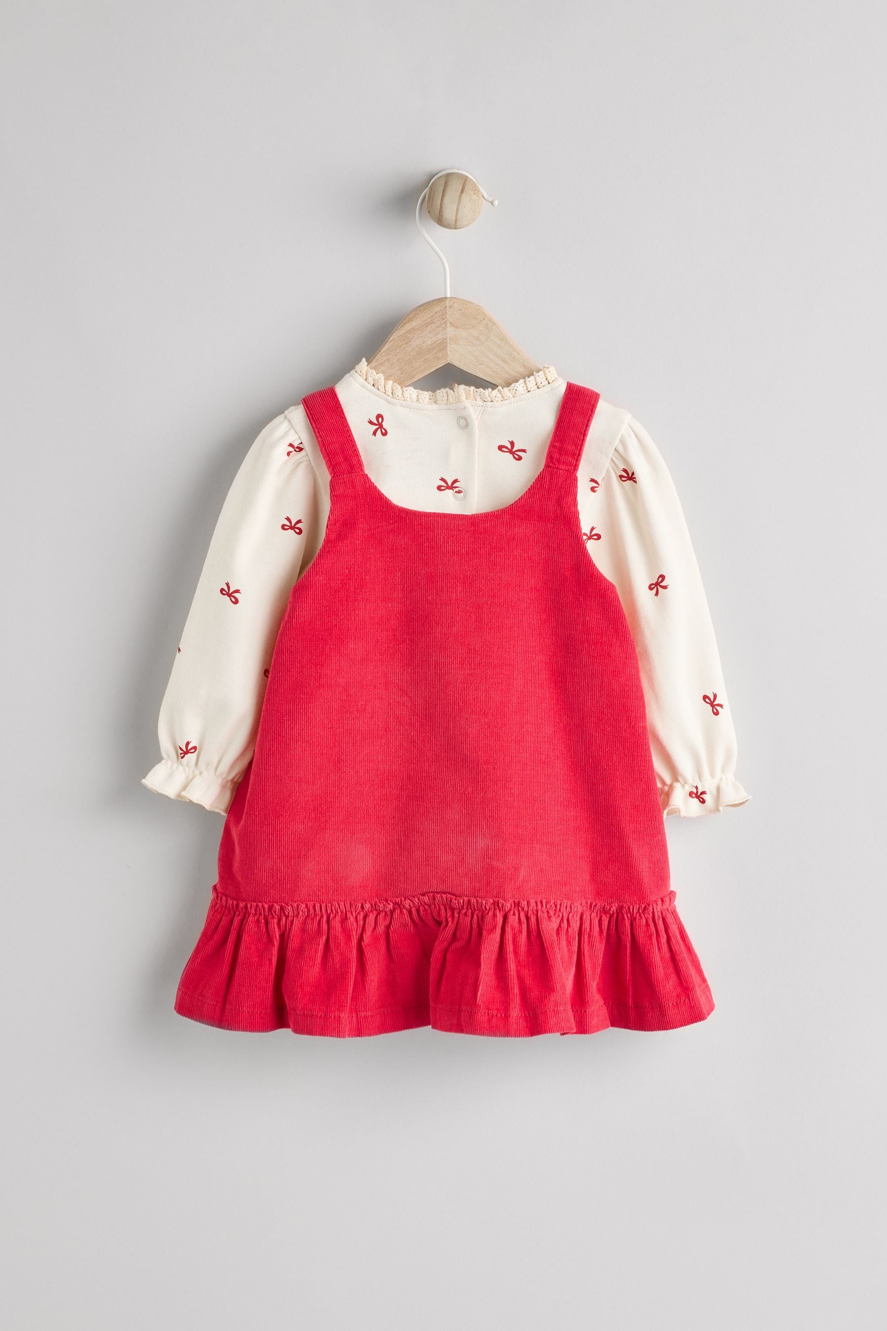 Red 3D Bow Baby Corduroy Pinafore Dress With Tights (0mths-2yrs)