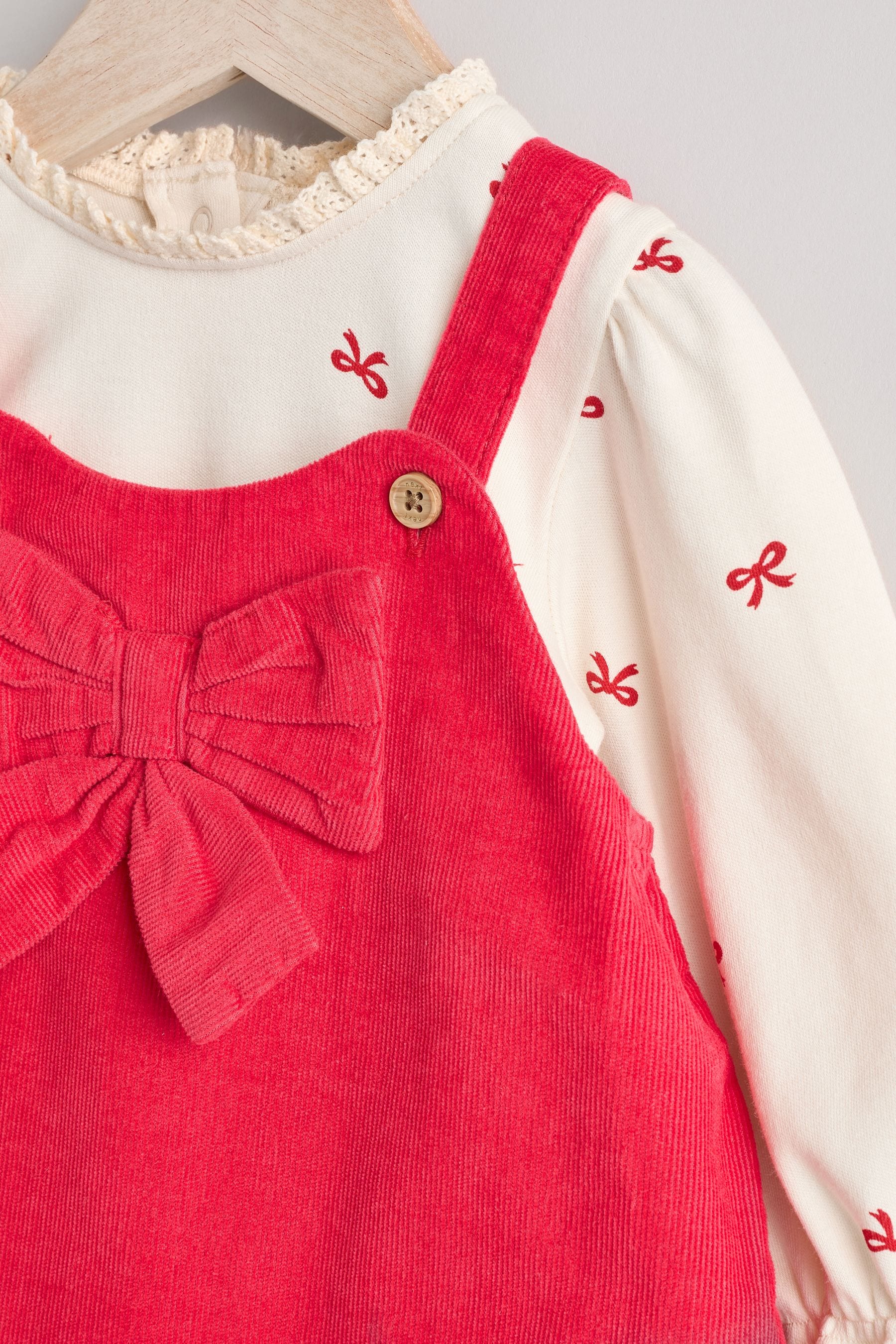 Red 3D Bow Baby Corduroy Pinafore Dress With Tights (0mths-2yrs)