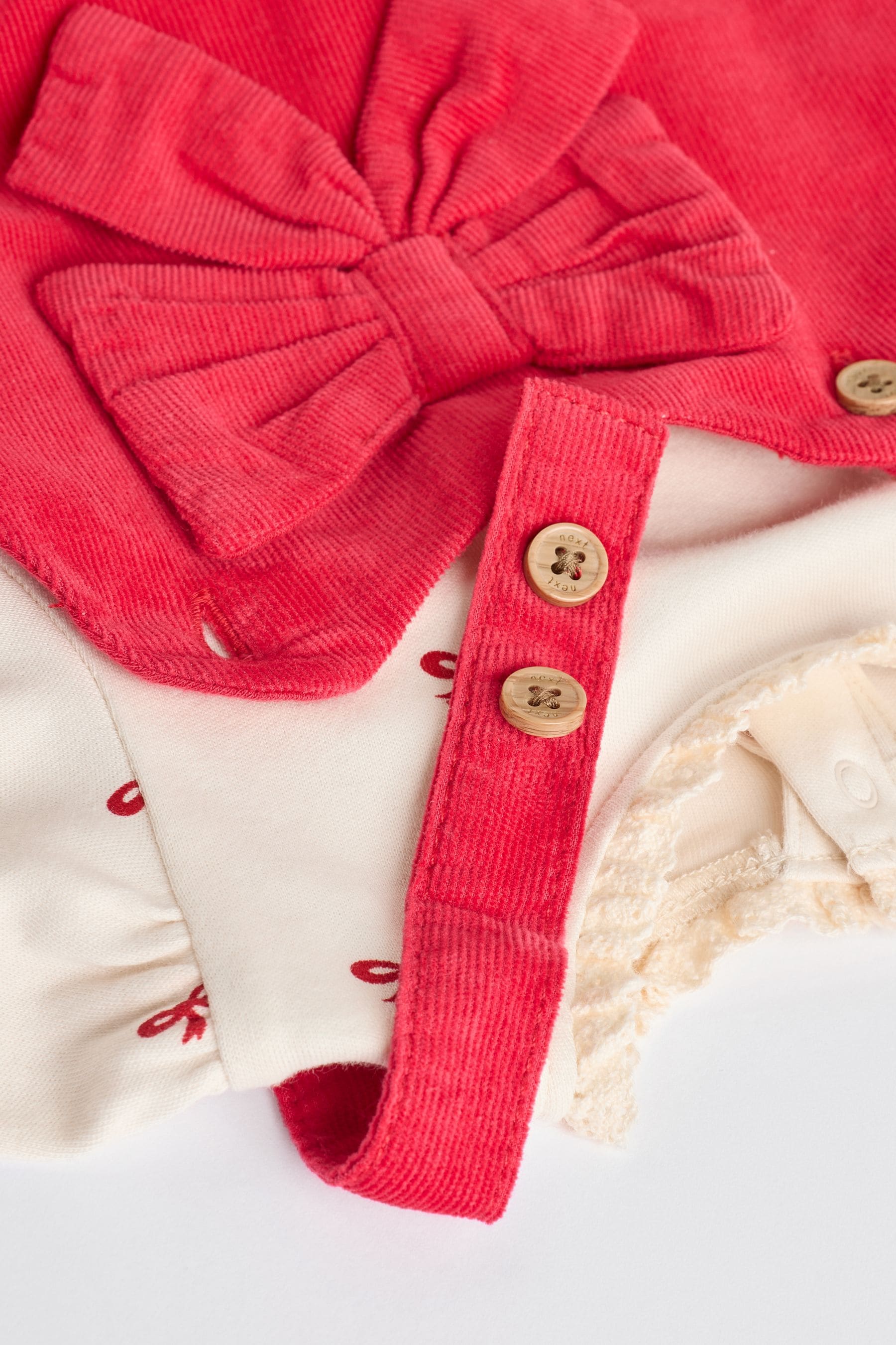 Red 3D Bow Baby Corduroy Pinafore Dress With Tights (0mths-2yrs)