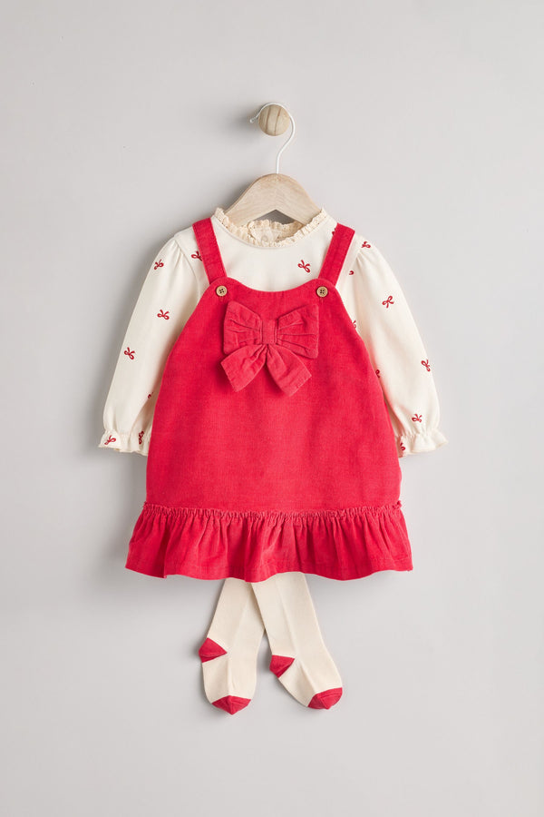 Red 3D Bow Baby Corduroy Pinafore 100% Cotton Dress With Tights (0mths-2yrs)